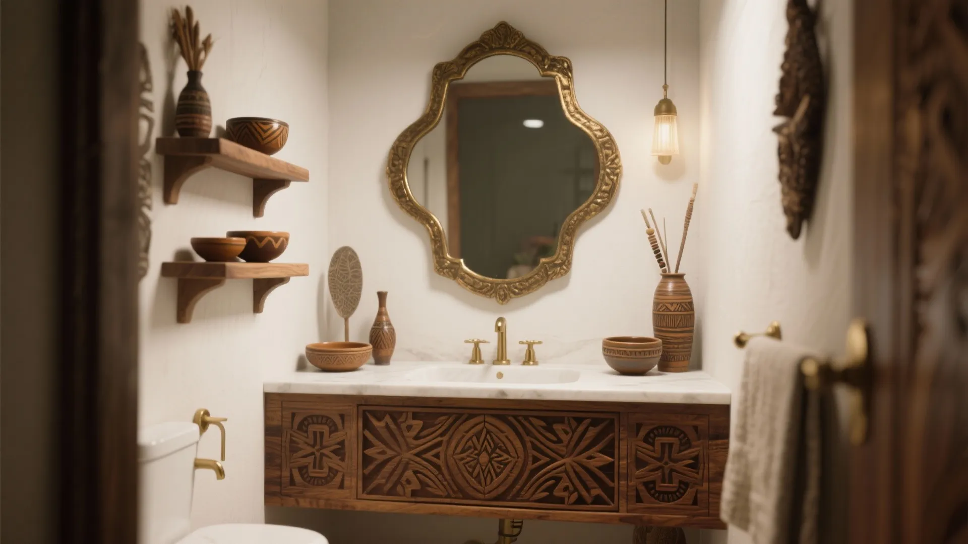 4. Statement mirror, carved vanity and ritual objects
