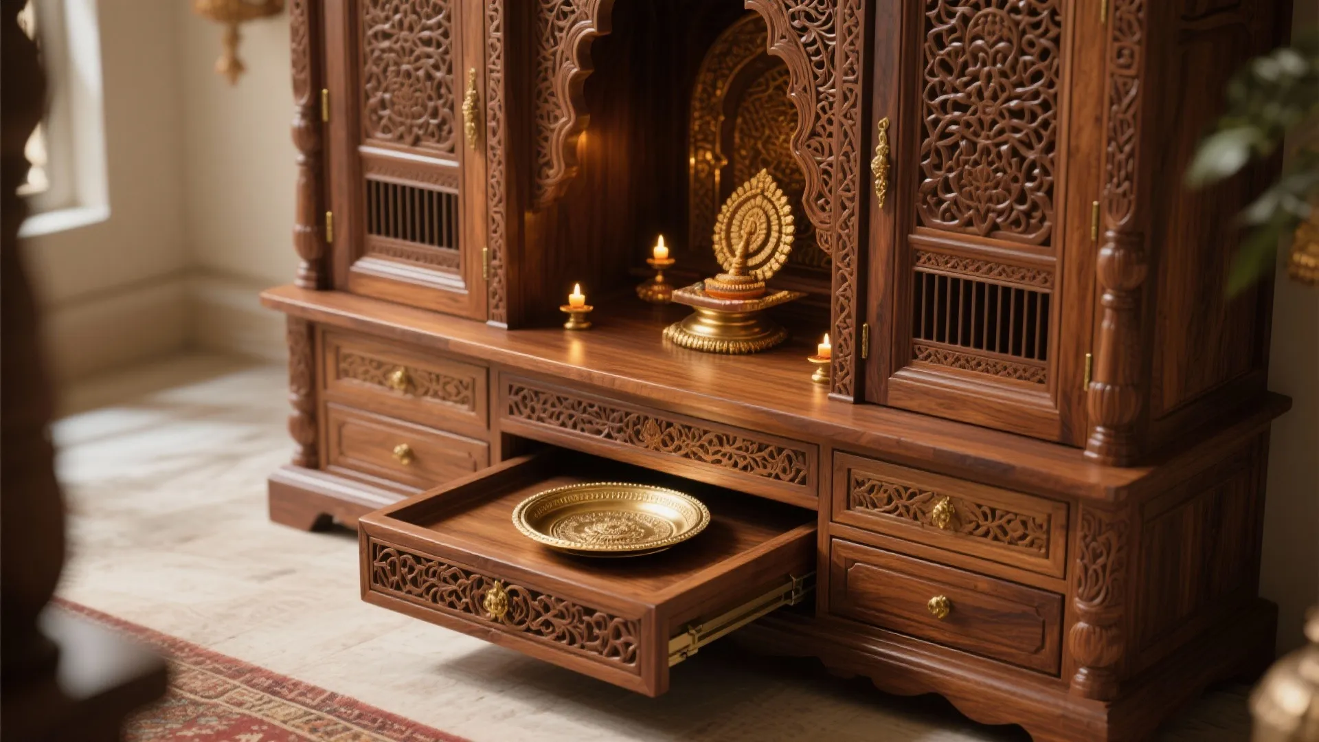 Traditional Carved Wood Mandir Cupboard with Hidden Drawers