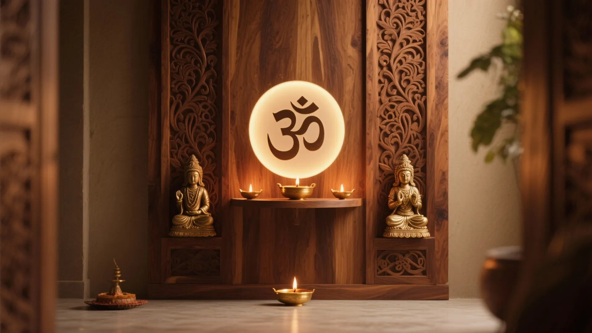 Carved Wood Panel with Backlit Aum