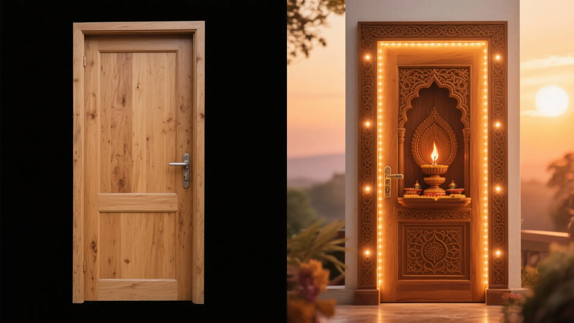 Before and after comparison of a simple wooden door versus a carved door with lights