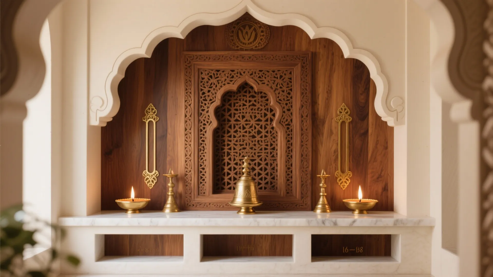 Traditional prayer room with carved wood wall panel gold candle holders and white marble shelf