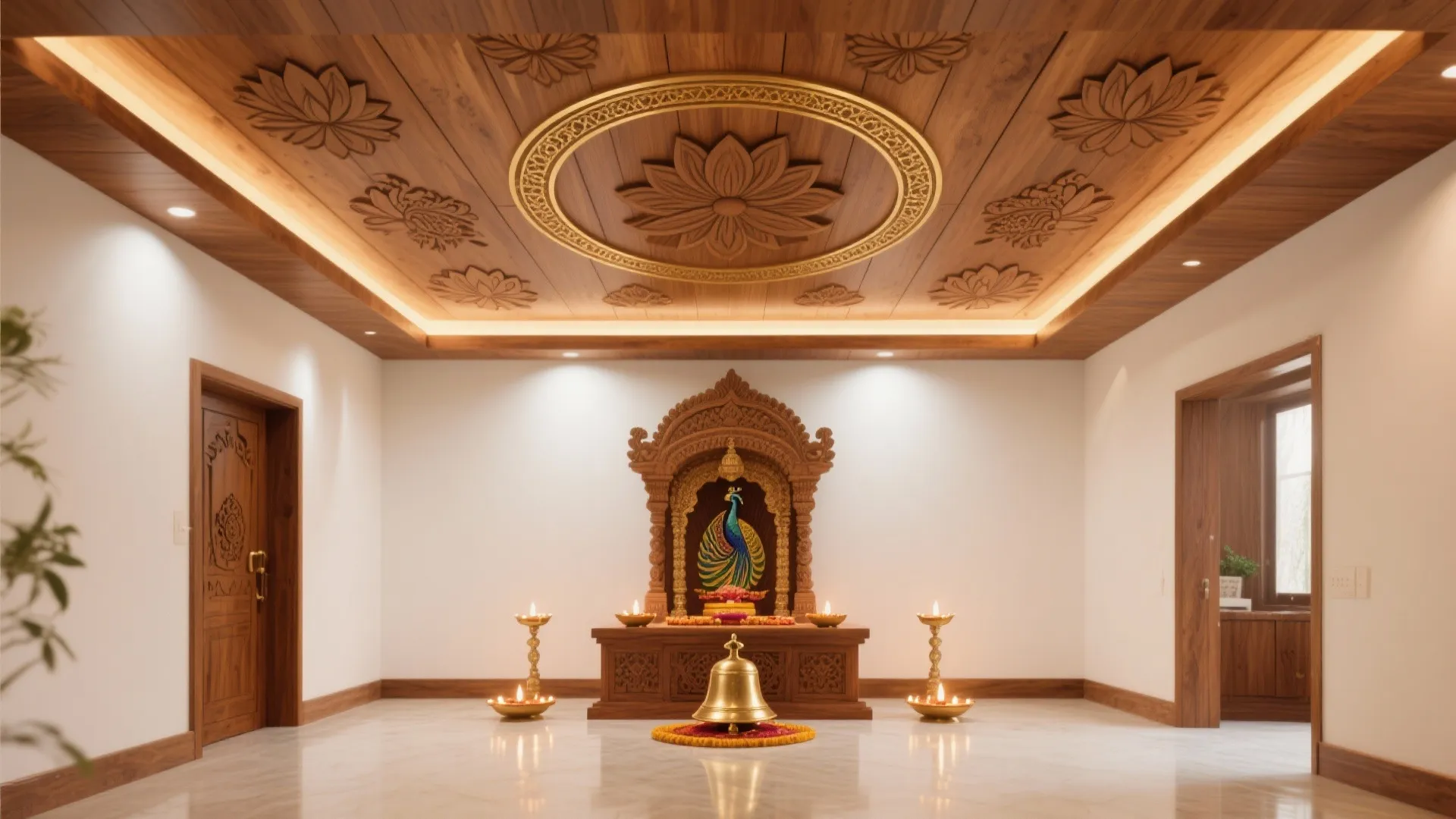 Elegant prayer room with carved wood ceiling light golden peacock shrine and brass oil lamps