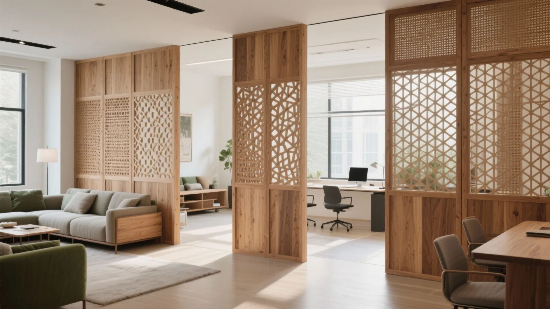 Carved wooden wall panels separate a living room with grey sofa from a bright office