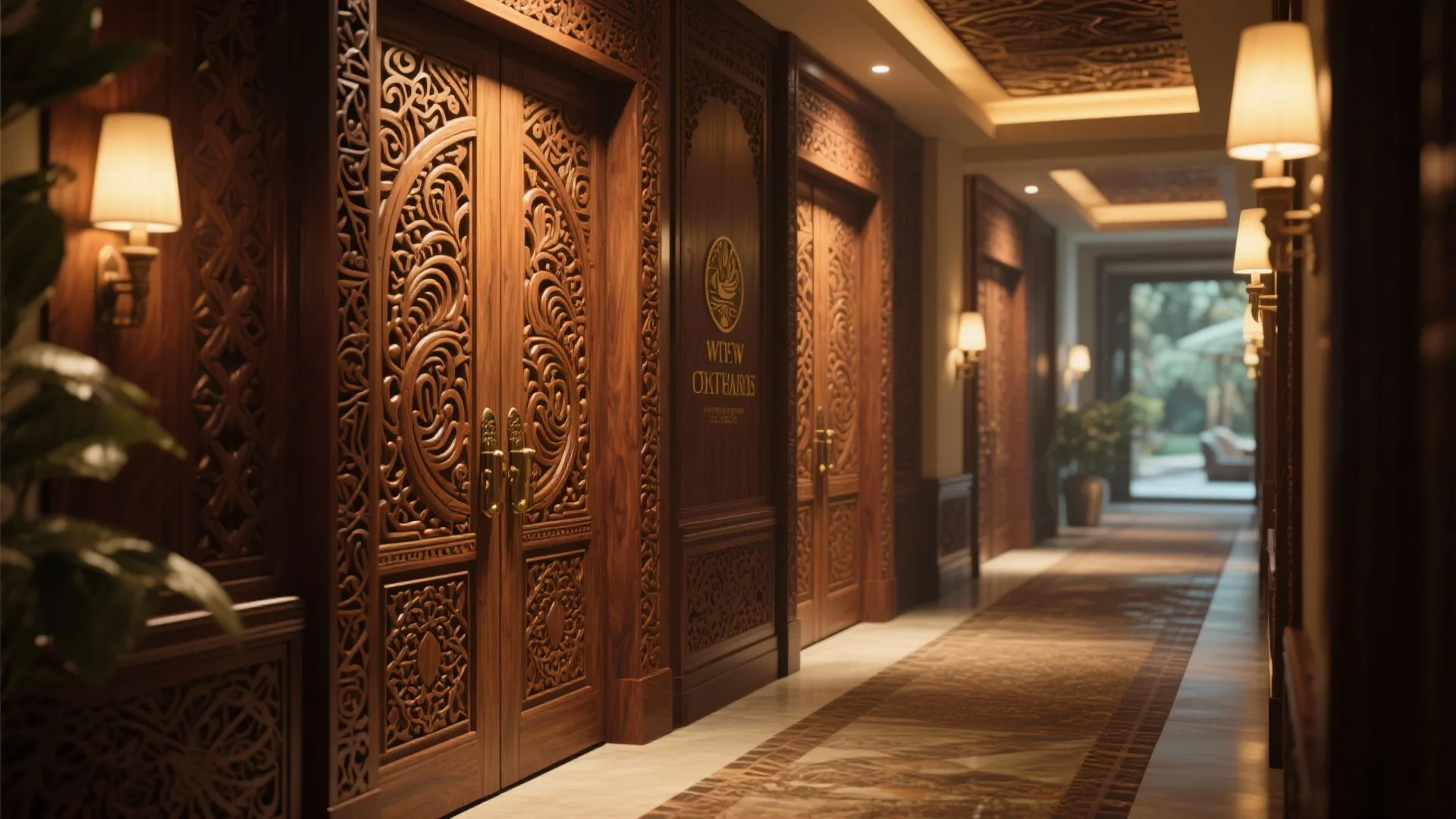Luxury hotel hallway with carved wooden doors wall lights and patterned carpet in warm yellow lighting