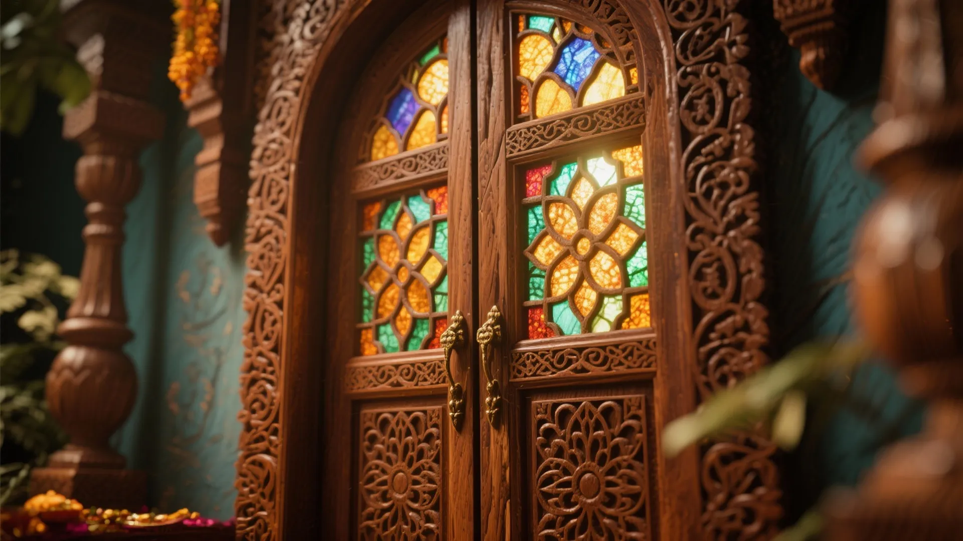 Carved Wooden Panels with Glass Insets