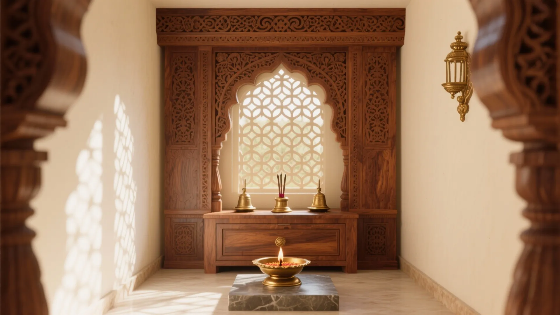 Carved wooden mandir with jaali backdrop