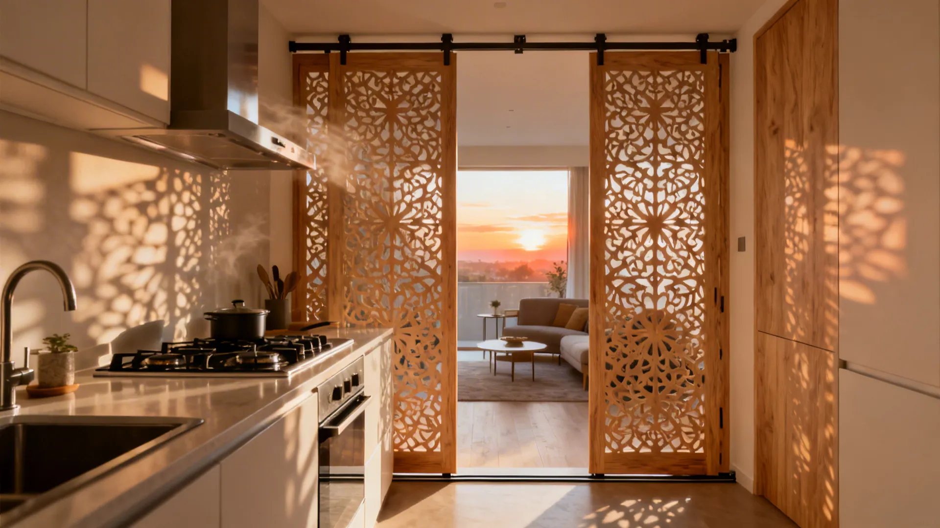 Light oak carved jali sliding partition filters views between a small kitchen and living area.