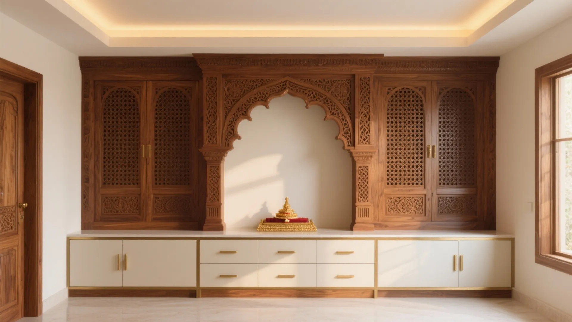 Carved Wooden Elements with Modern Storage