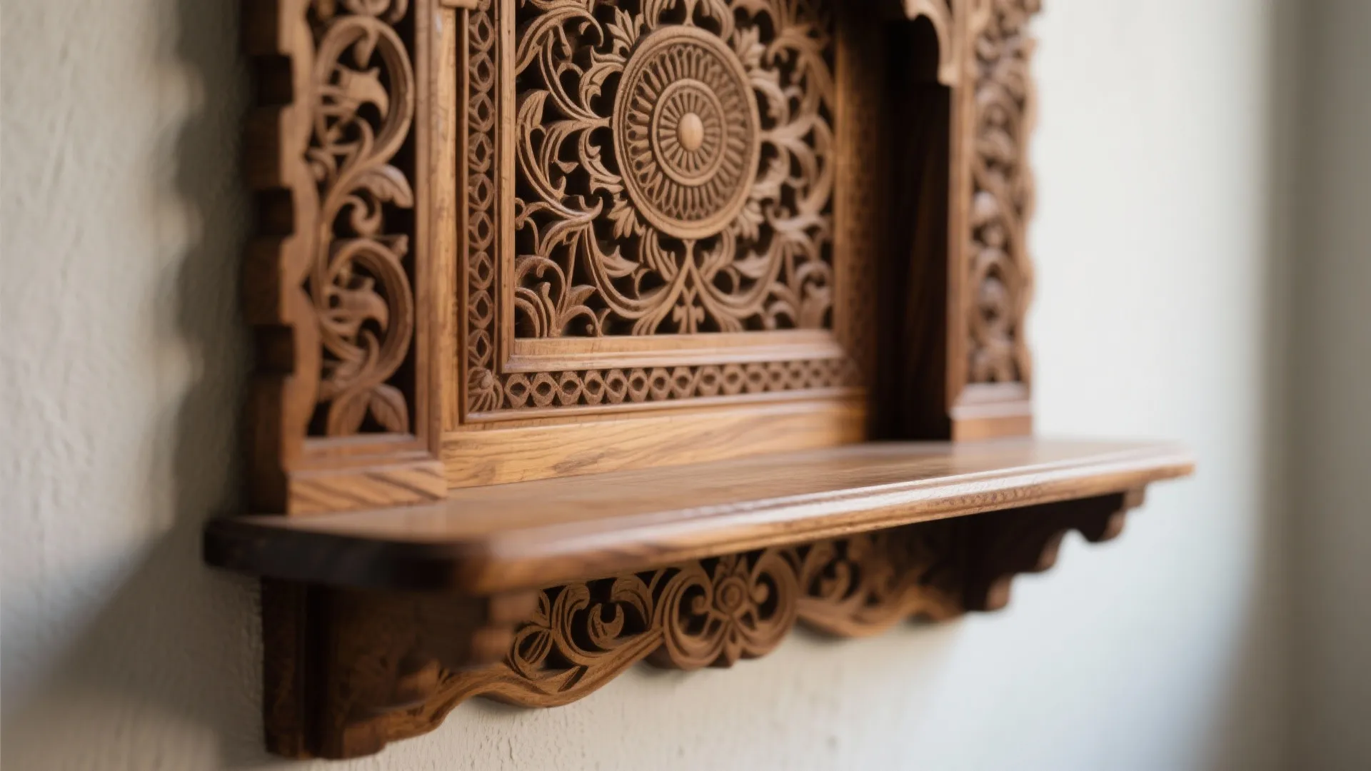 Close up of a wooden wall shelf featuring detailed floral carvings and a circular decorative pattern