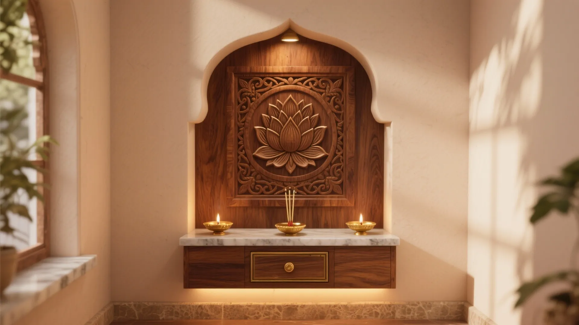 Traditional prayer room design with carved wood lotus panel marble shelf and small golden lights