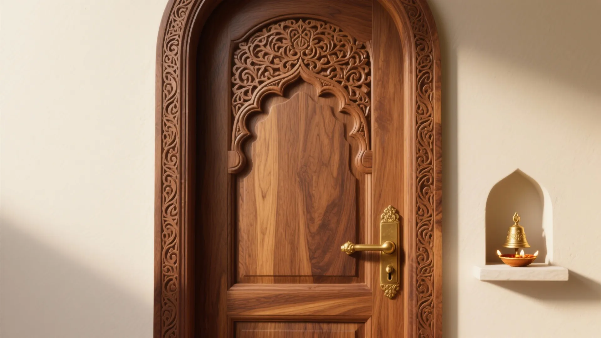 Intricately carved wooden door with arched top gold handle and small lamp in a niche
