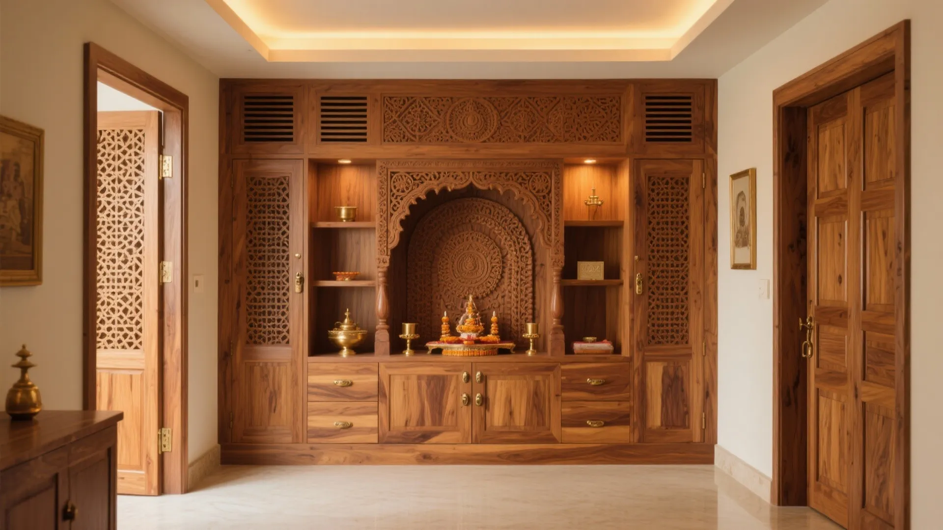 Carved Wood Backdrop with Concealed Storage