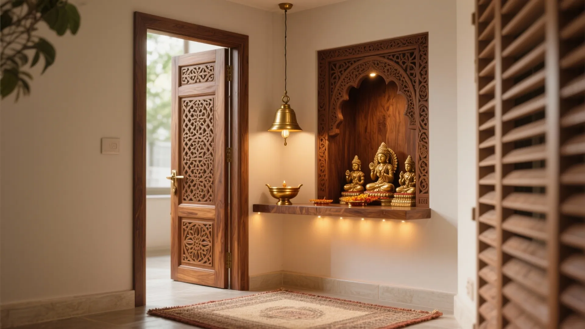 Traditional wooden prayer room with carved door golden statues hanging bell and warm wall light