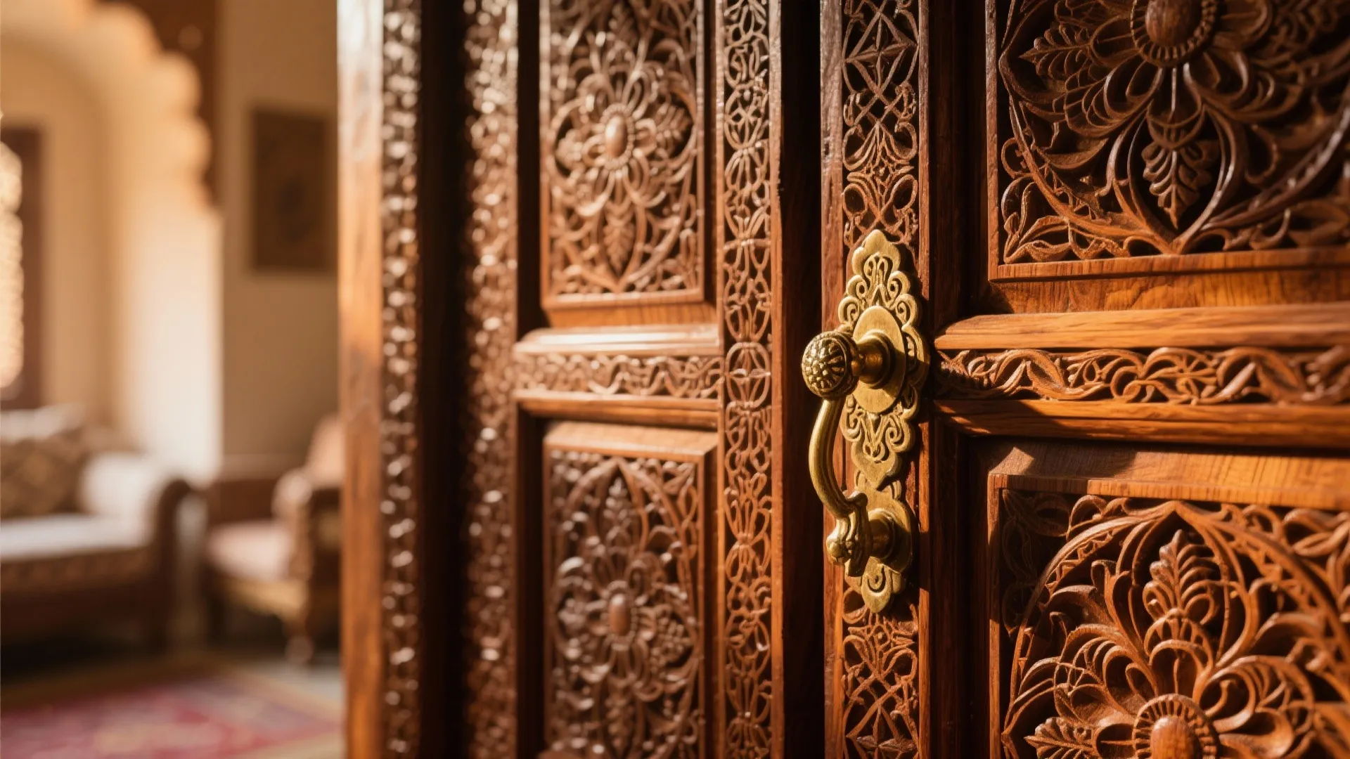Detailed carved wooden door with a gold handle and flower patterns in a warm sunny room