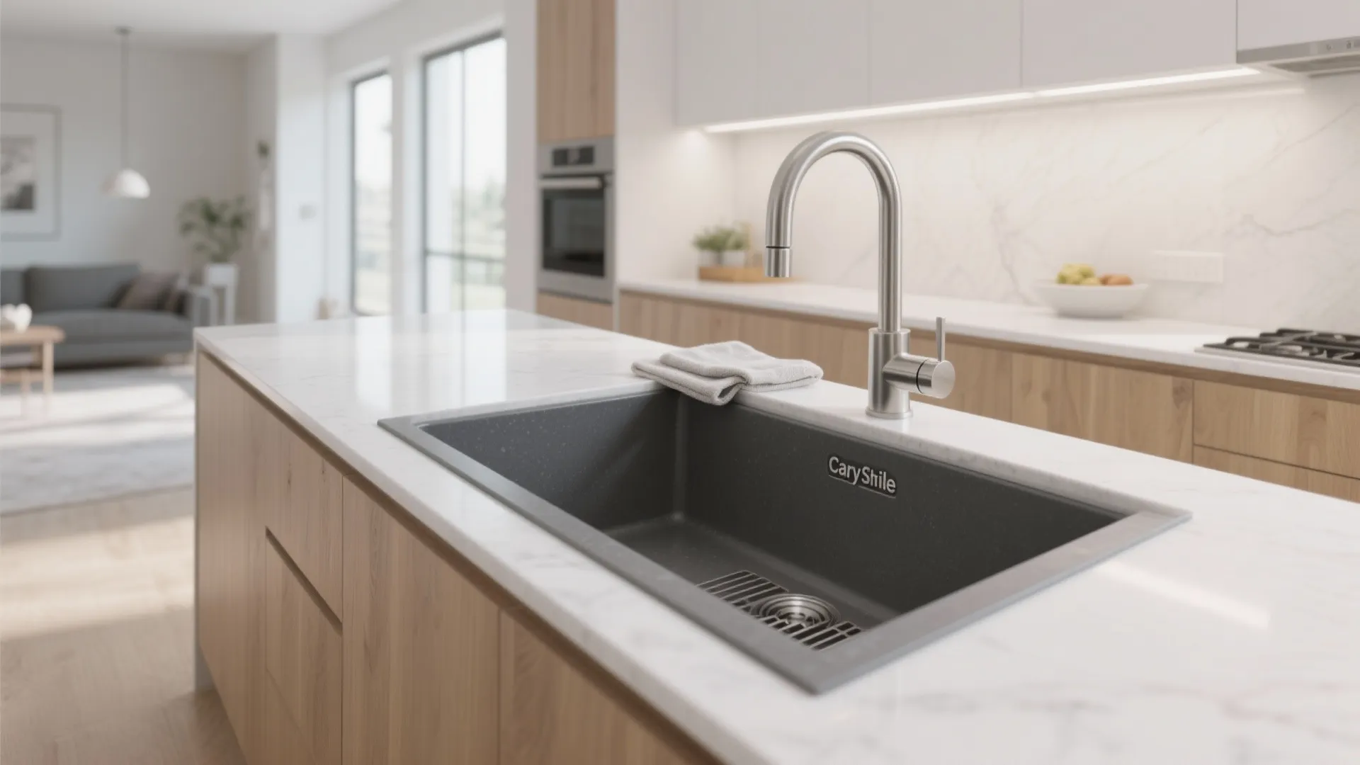 Modern black kitchen sink on a marble island with a silver faucet and wood cabinets