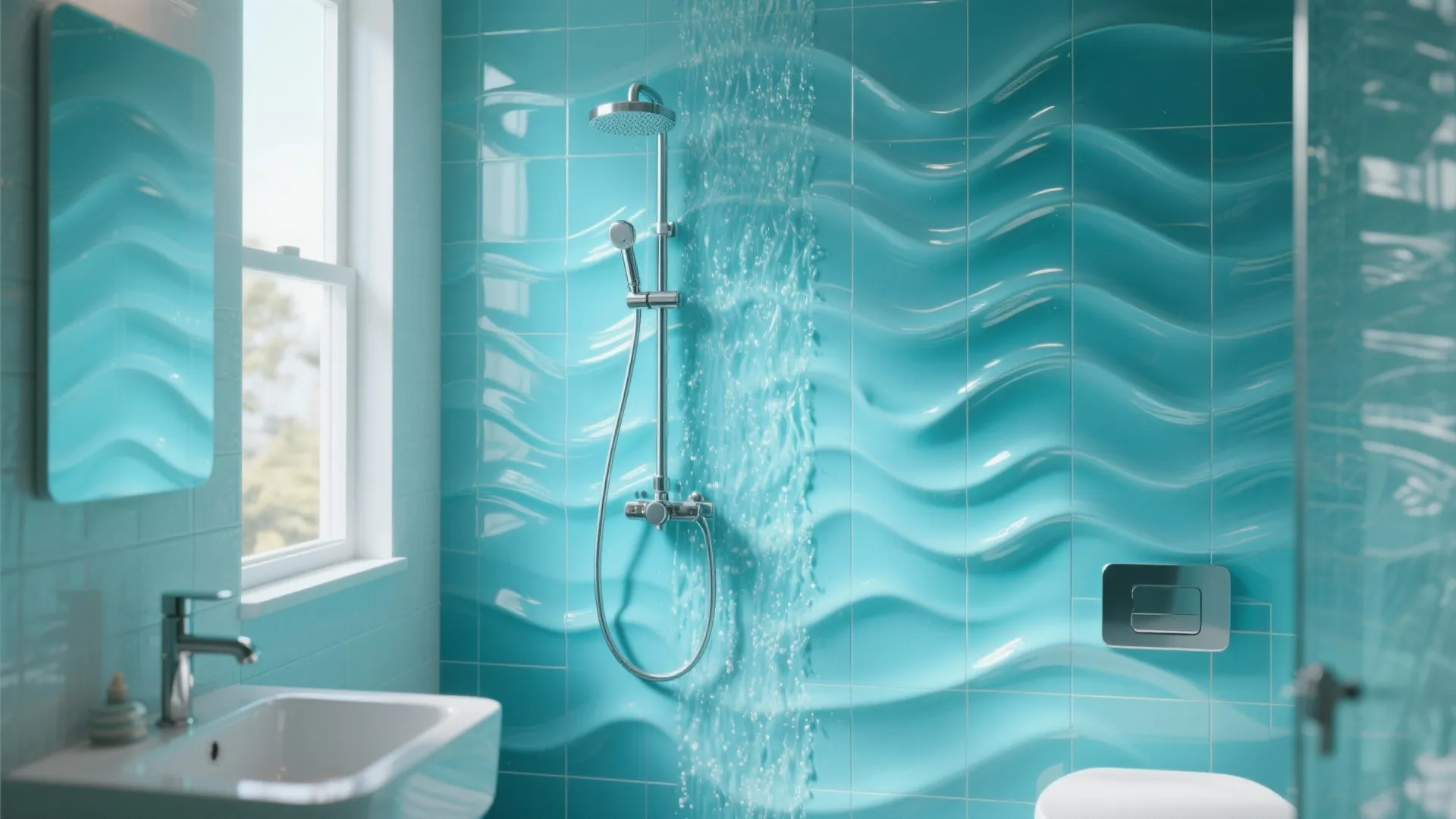 Light blue bathroom with textured wave tiles showing a shower head with running water effect