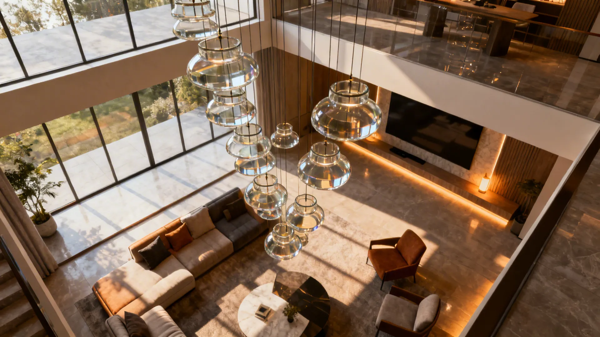 Double-height living room with a cascading cluster of staggered glass pendants creating an airy focal point.