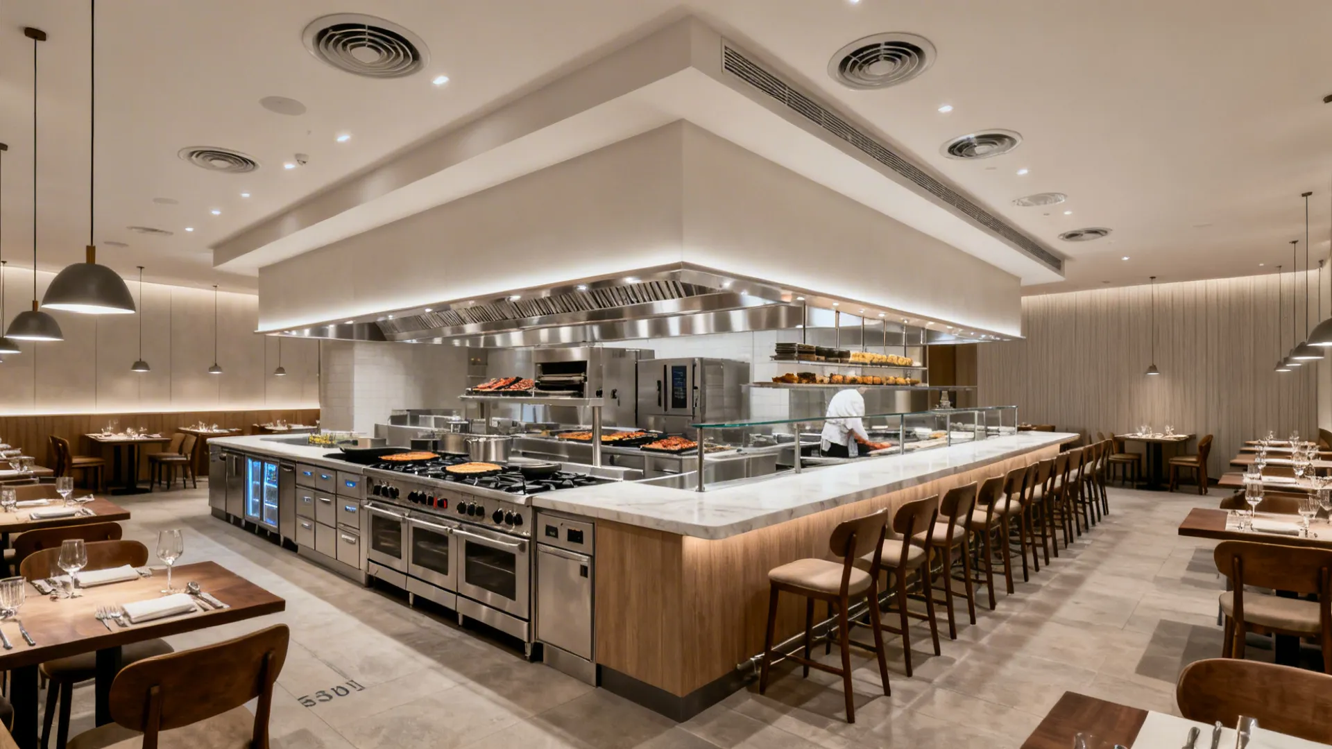 Wide view of a 68-seat dining room with chef’s counter and a linear cookline behind a refined pass.