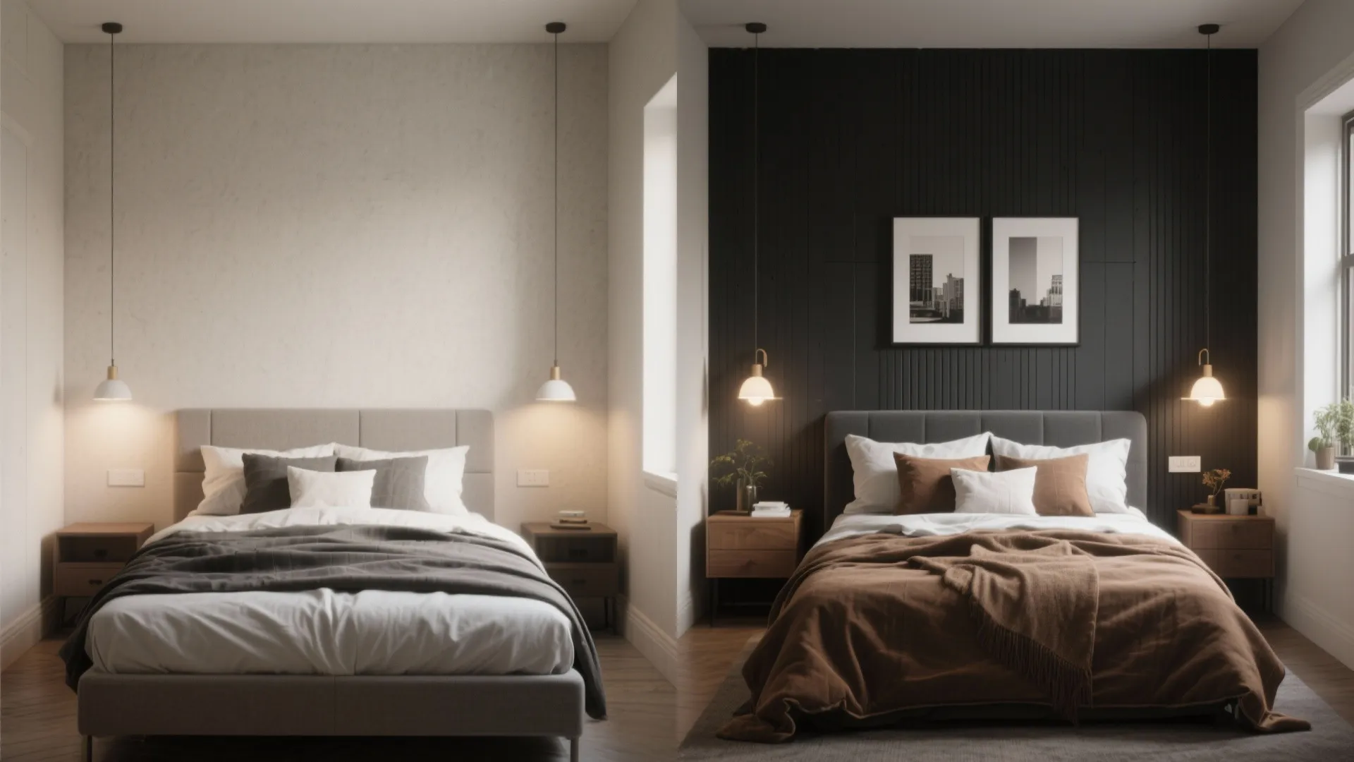 Before and after of a small master bedroom transformed by a charcoal accent wall and picture lights