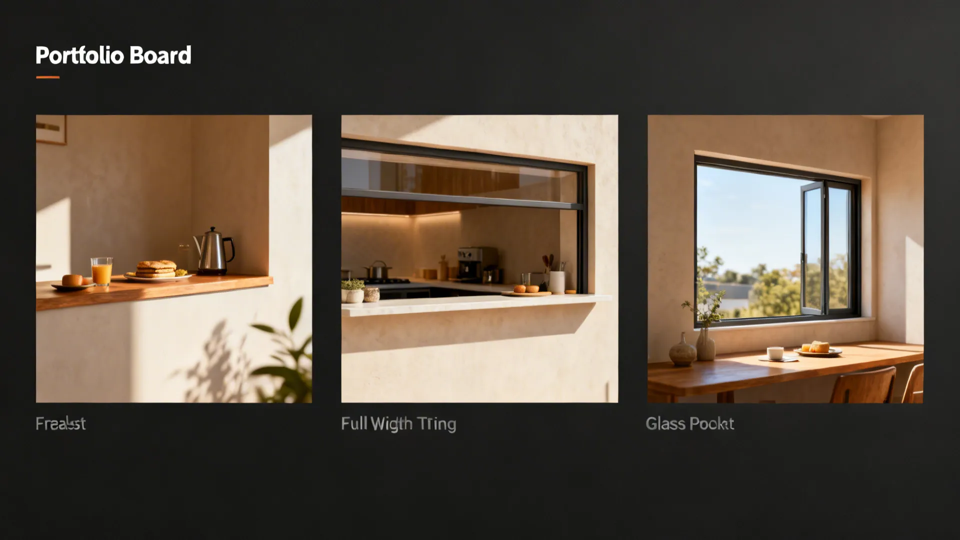 Portfolio board showing breakfast ledge, full-width pass-through, and glass pocket window vignettes.