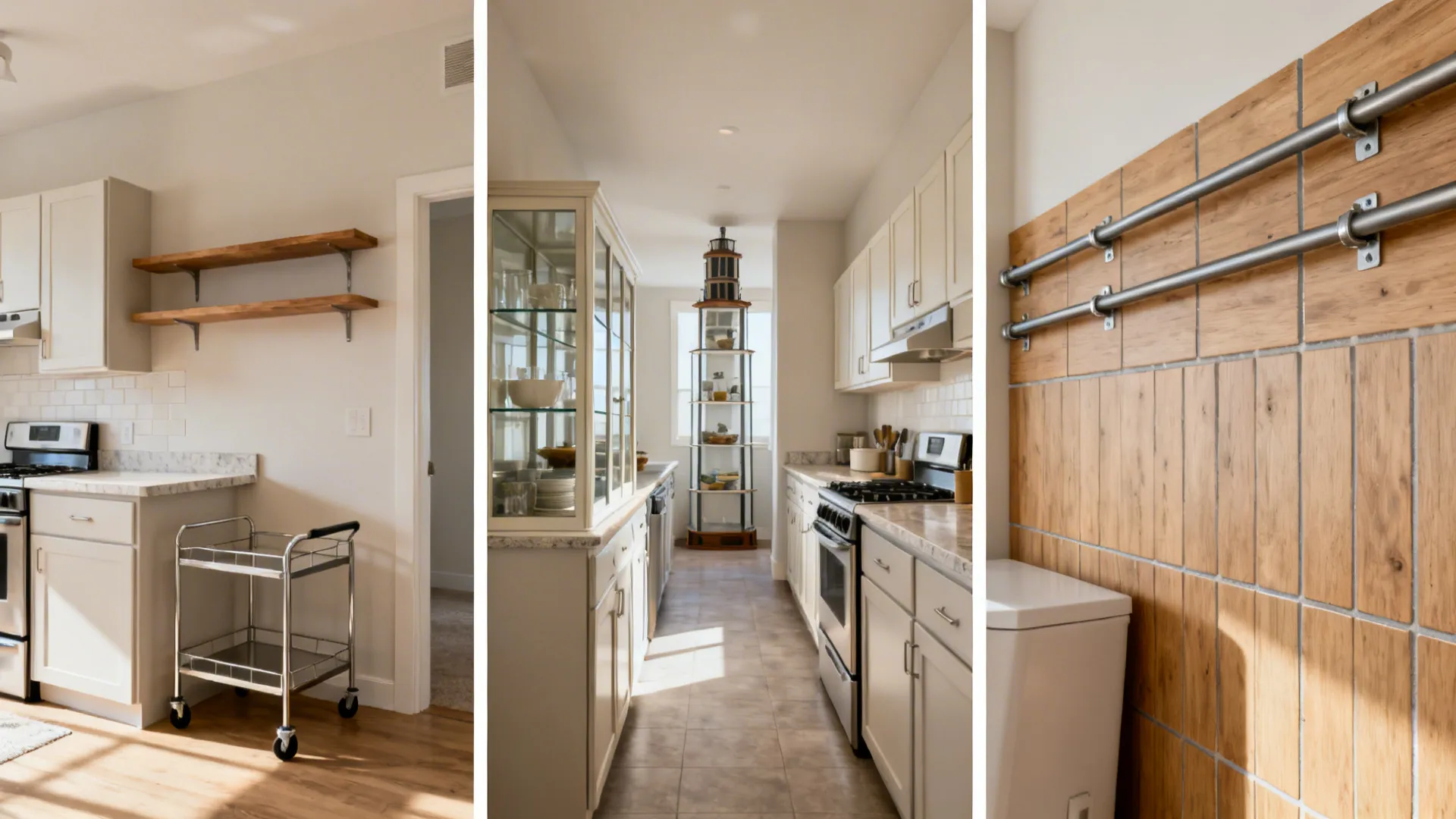 Collage showing white kitchen layout with rolling cart glass cabinet and wooden wall panel bars
