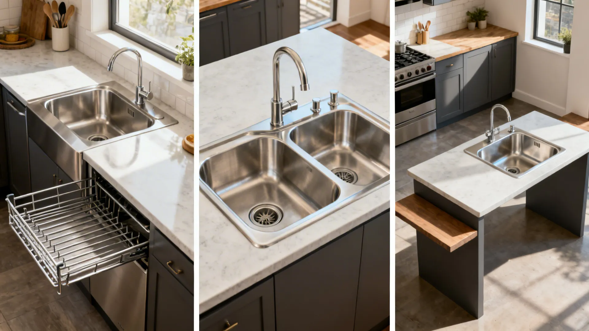 Three scenes: a galley with a 27-inch undermount, a family kitchen with a low-divide double sink, and a studio with a workstation sink.