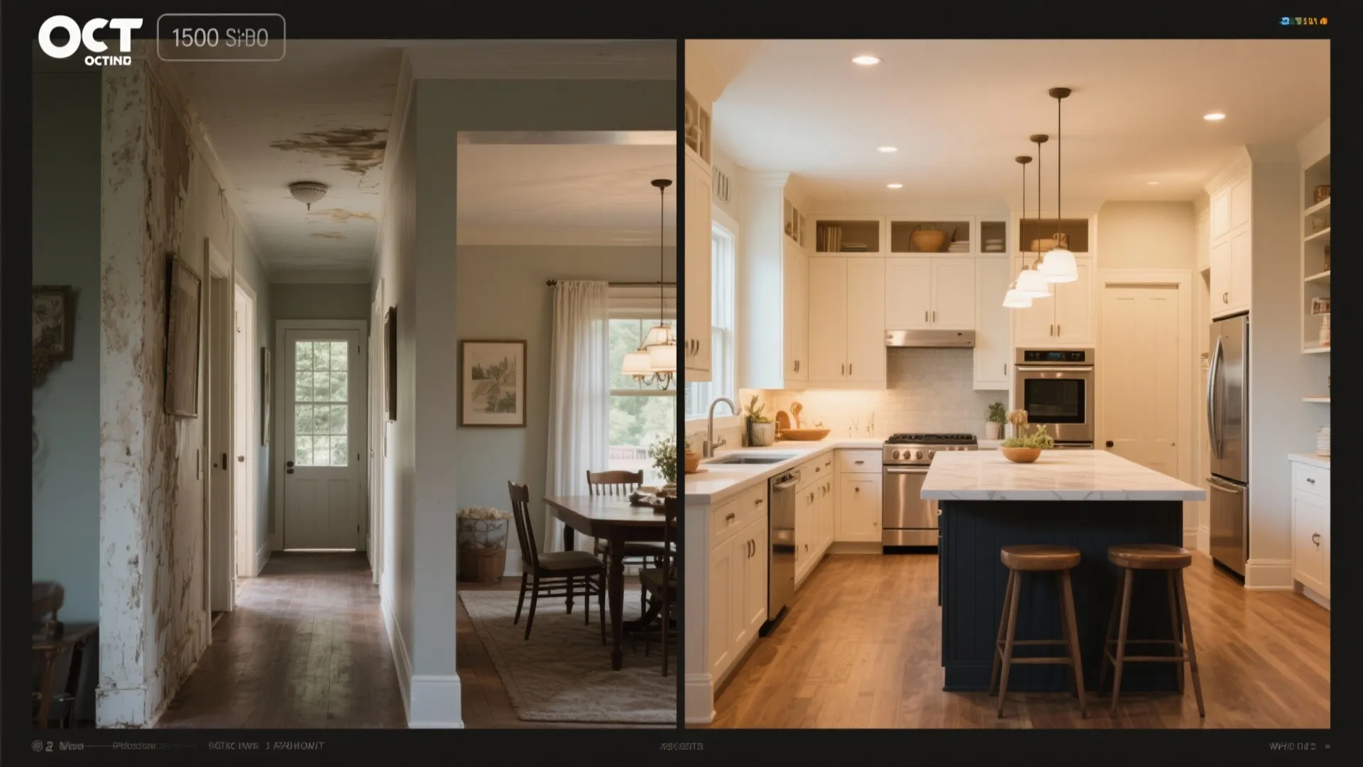 Before and after renovation of a 1500 sq ft home showing expanded kitchen island and added built-in storage