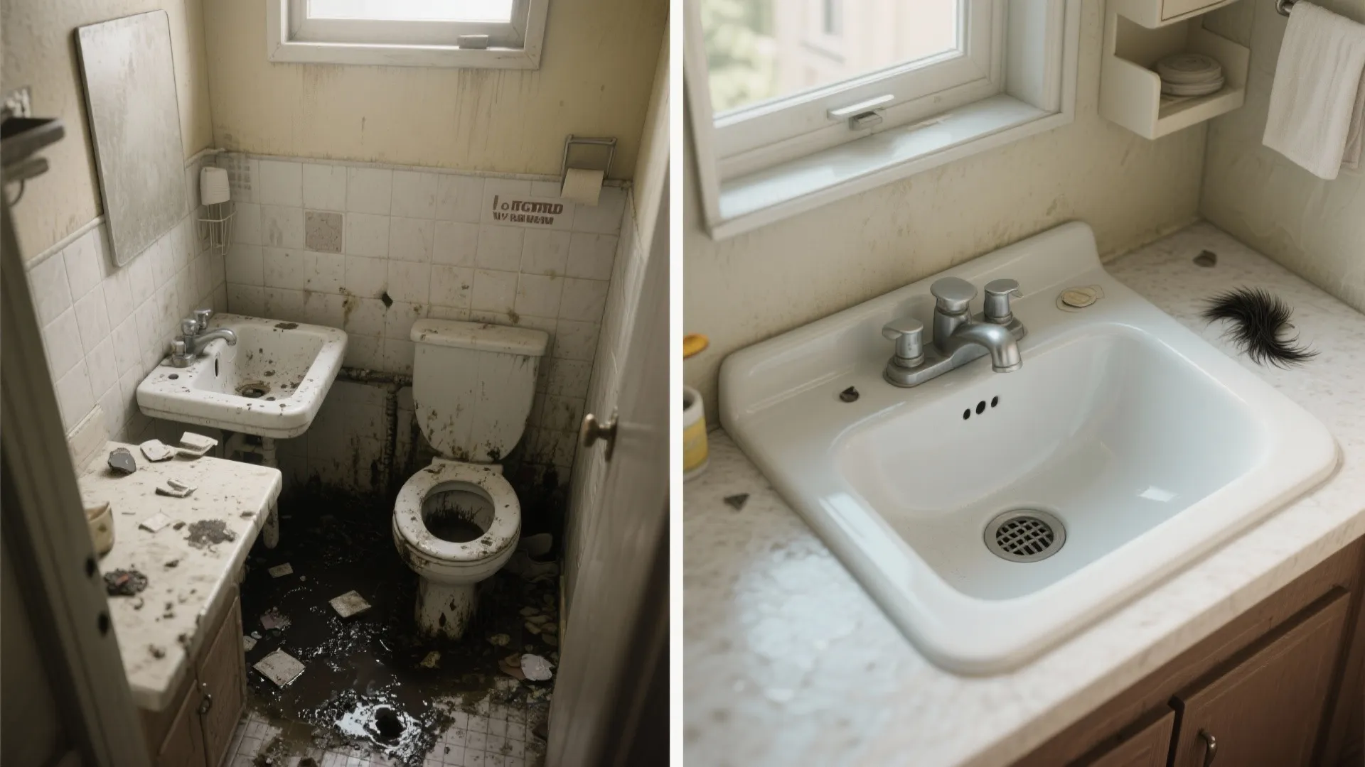 Before and after comparison showing a dirty old bathroom versus a clean white modern sink
