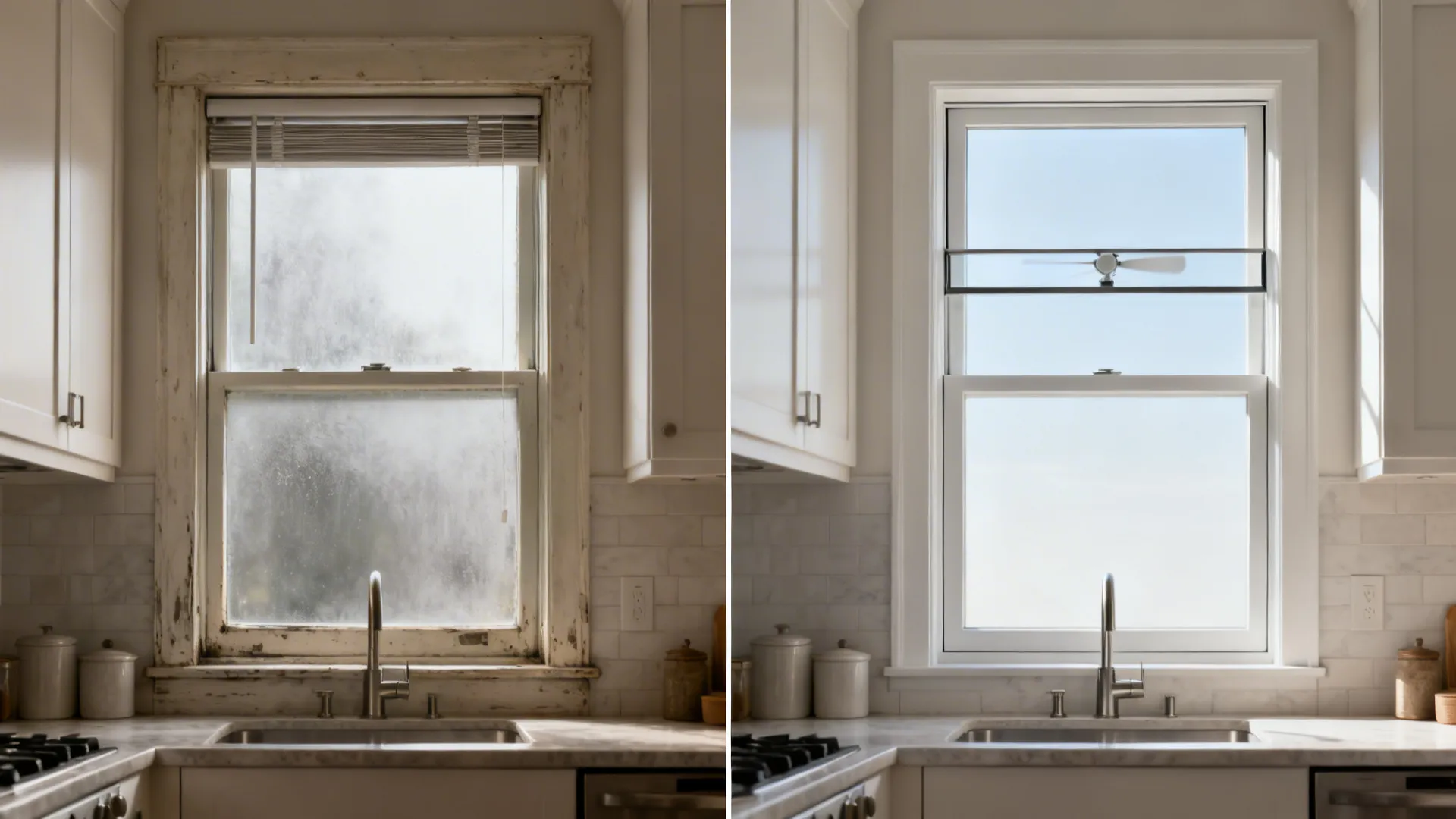 Before-and-after view of a casement window retrofit adding a slim transom fan bar for clear ventilation.
