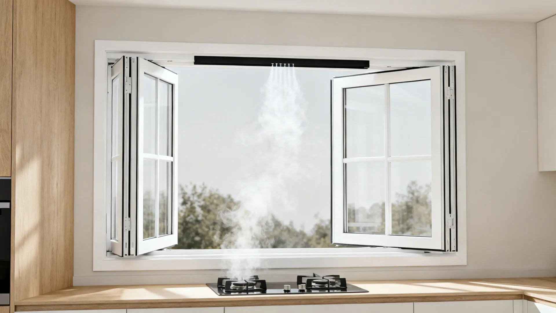 Casement kitchen window with a slim transom fan bar above, venting steam from the cooktop.