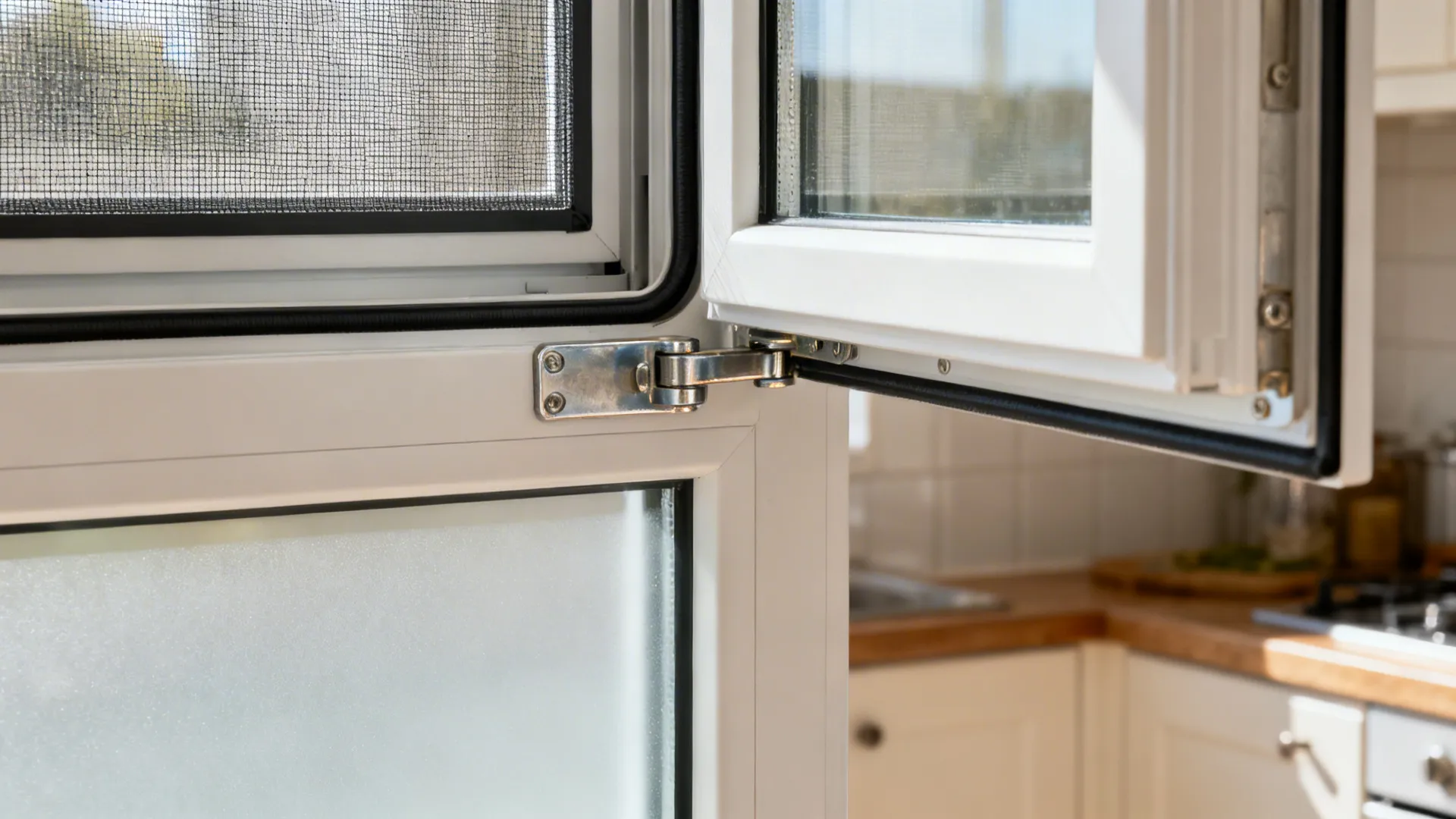 Macro of casement hinge and magnetic insect screen with frosted lower glass.