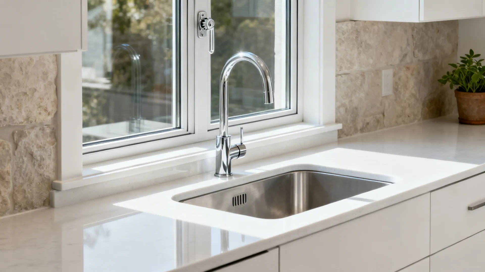 Minimal-frame casement window over a sink with a 1-inch quartz low-profile sill.