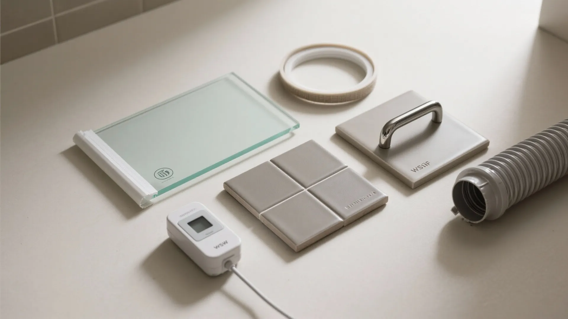 Various building samples including a glass panel tiles metal handle sensor and grey plastic hose