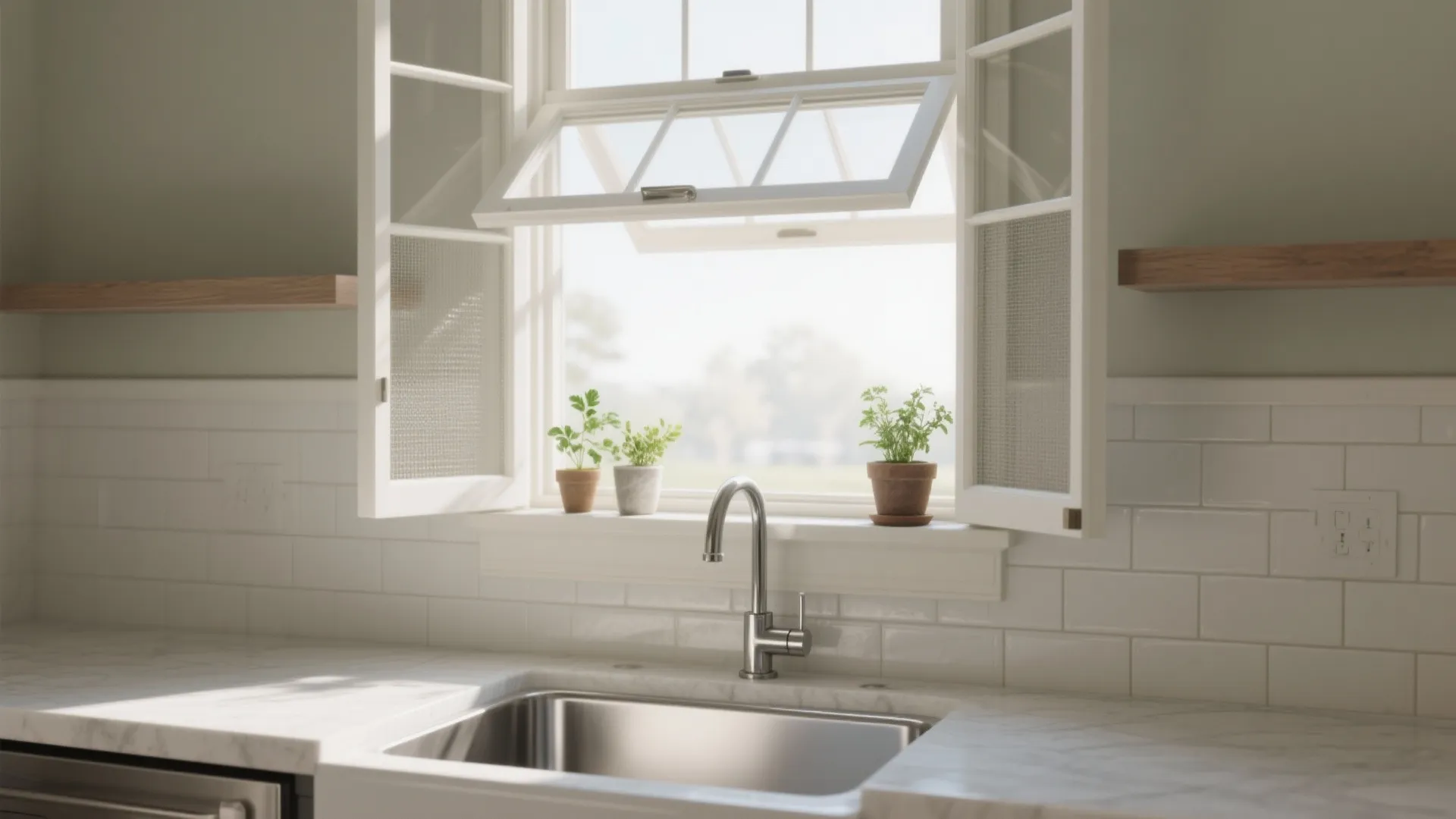 White kitchen sink with silver faucet located under an open window with small green potted plants