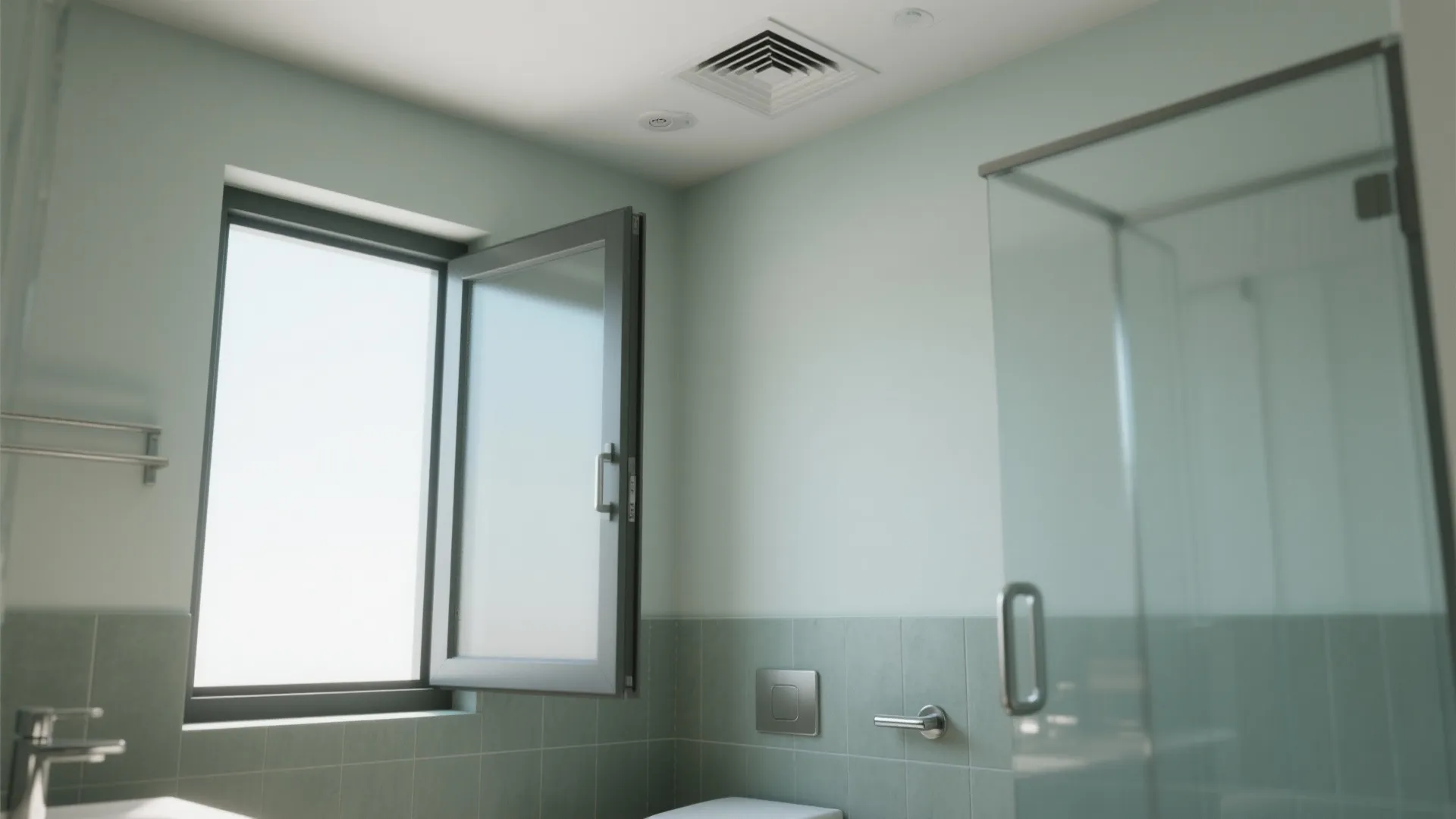 Modern bathroom with an open window green wall tiles glass shower door and ceiling vent
