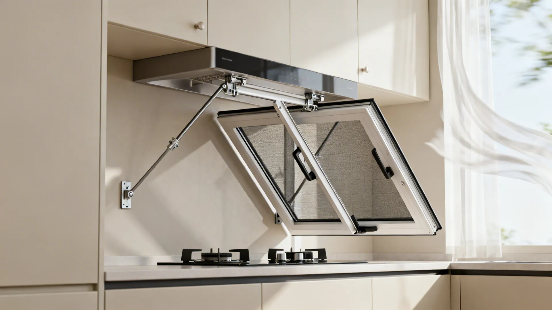 Small kitchen with open casement windows, screens, and airflow over the cooktop.