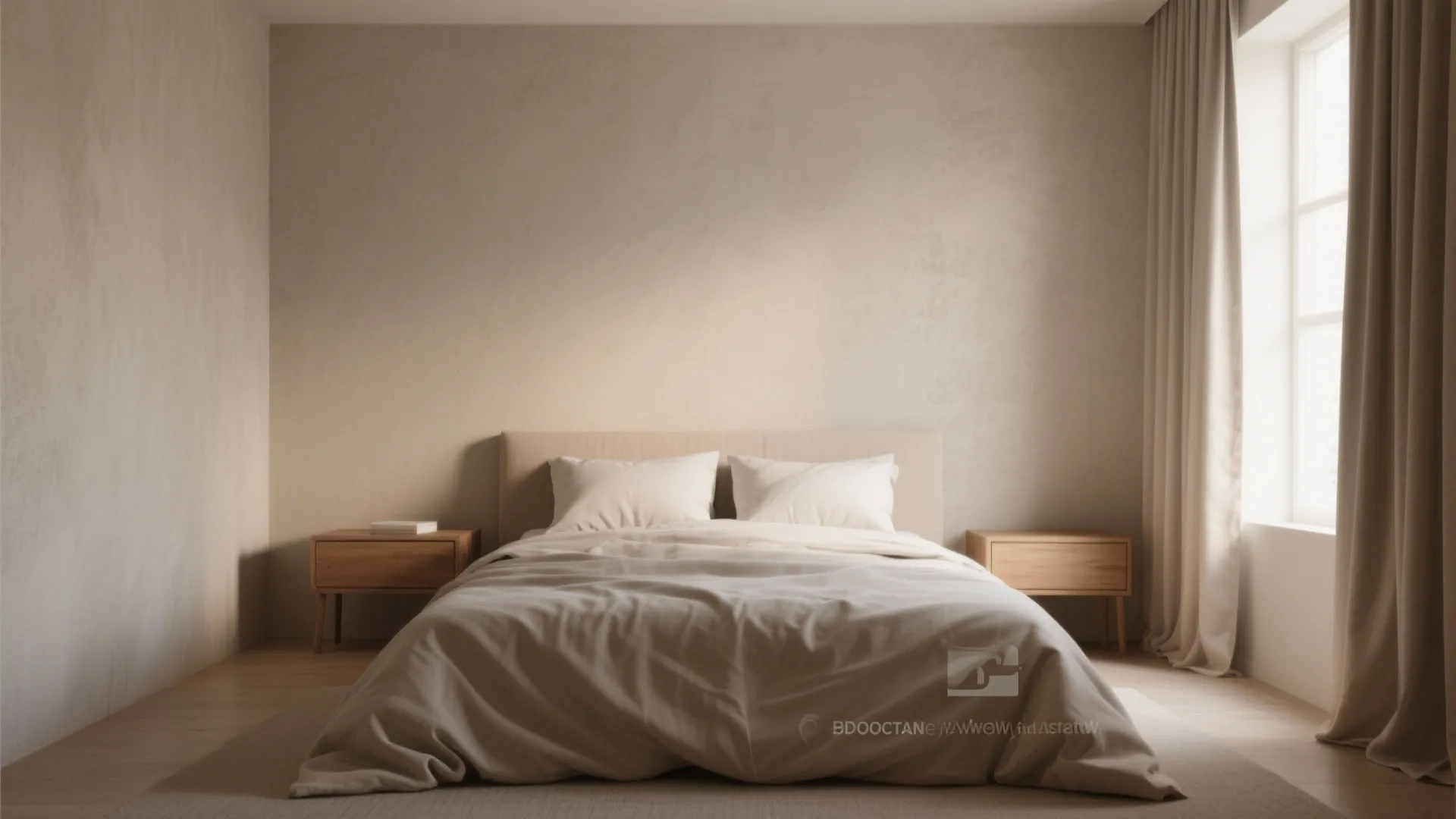 Minimalist beige bedroom featuring a comfortable double bed two wooden nightstands and bright natural light