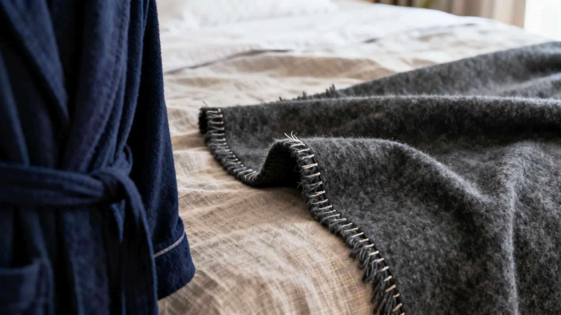 Macro of a charcoal cashmere throw on linen bedding, highlighting soft texture.