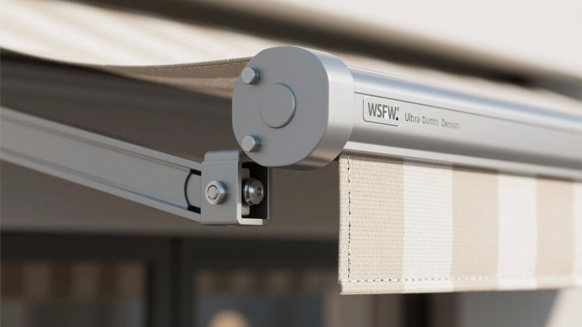 Macro of retractable awning cassette arms, brackets, and solution-dyed acrylic fabric texture.