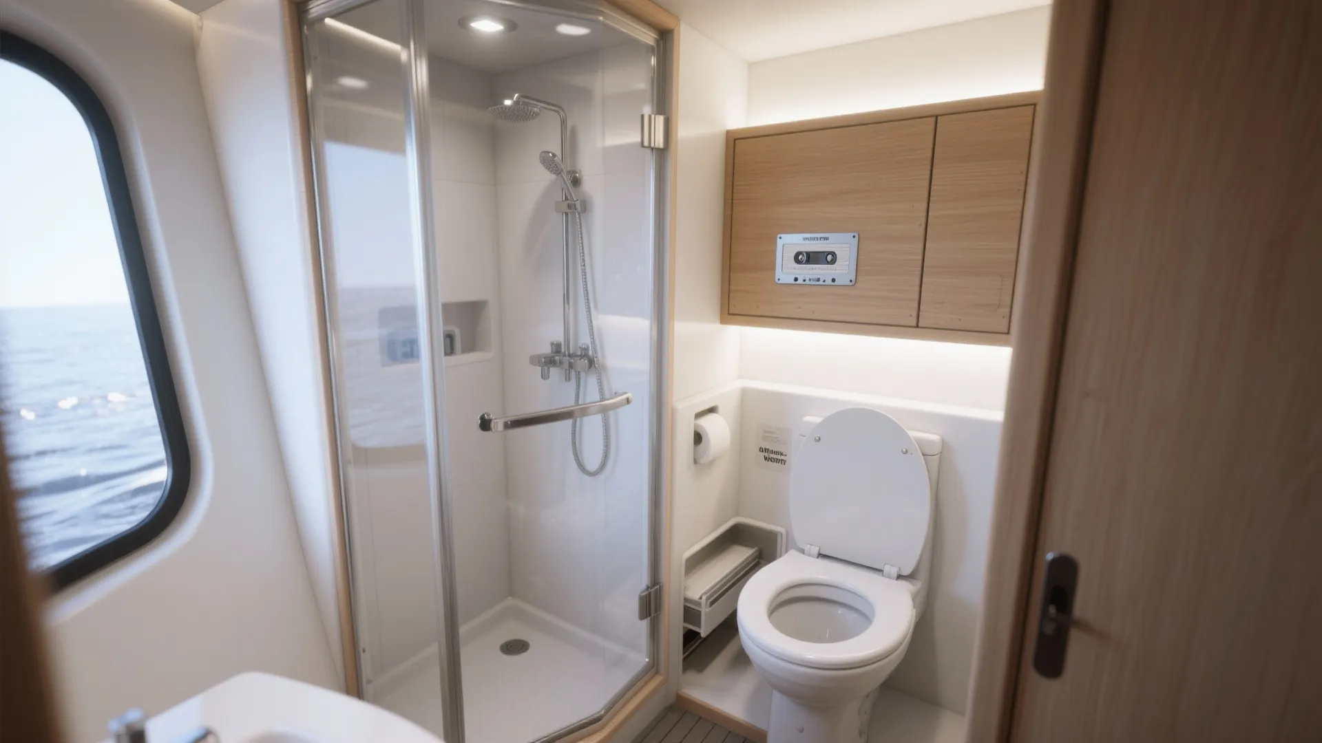 Tiny shower stall with polycarbonate door and slide-out cassette toilet cabinet