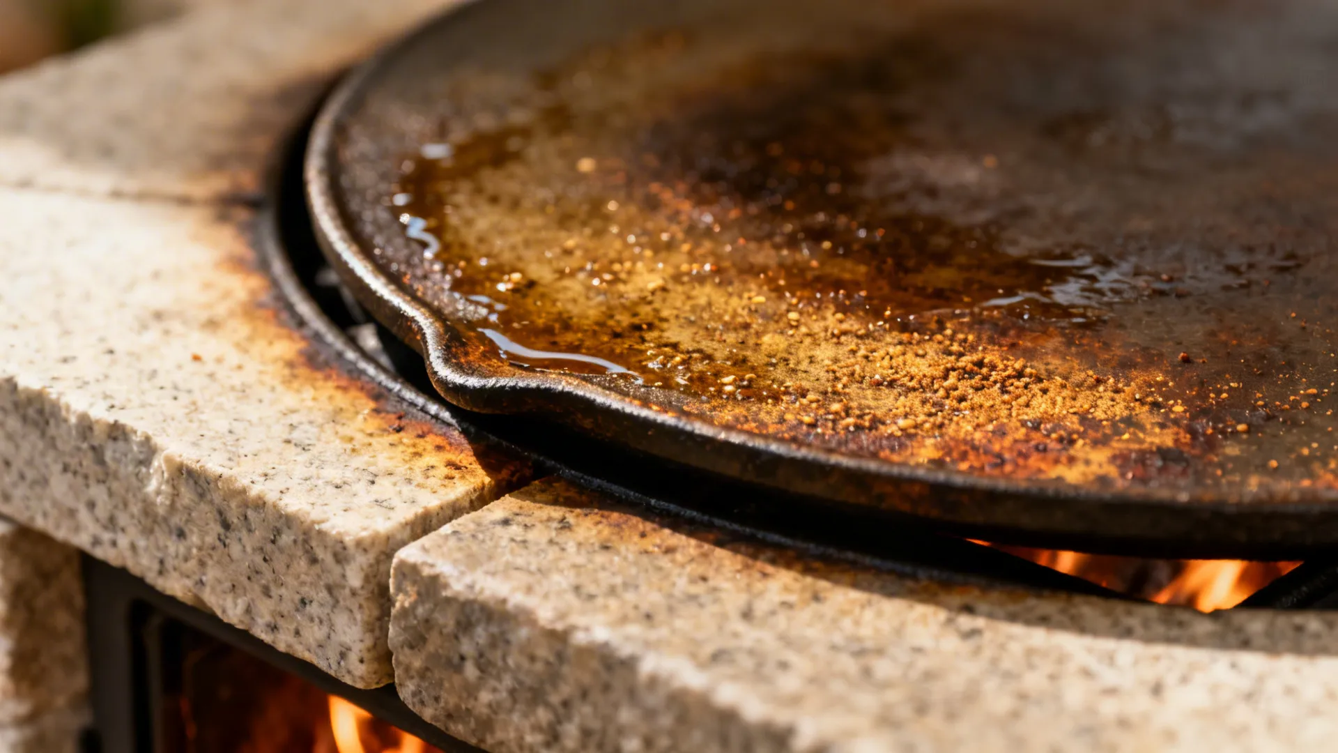 Macro detail of a seasoned cast-iron plate flush with honed stone surround.