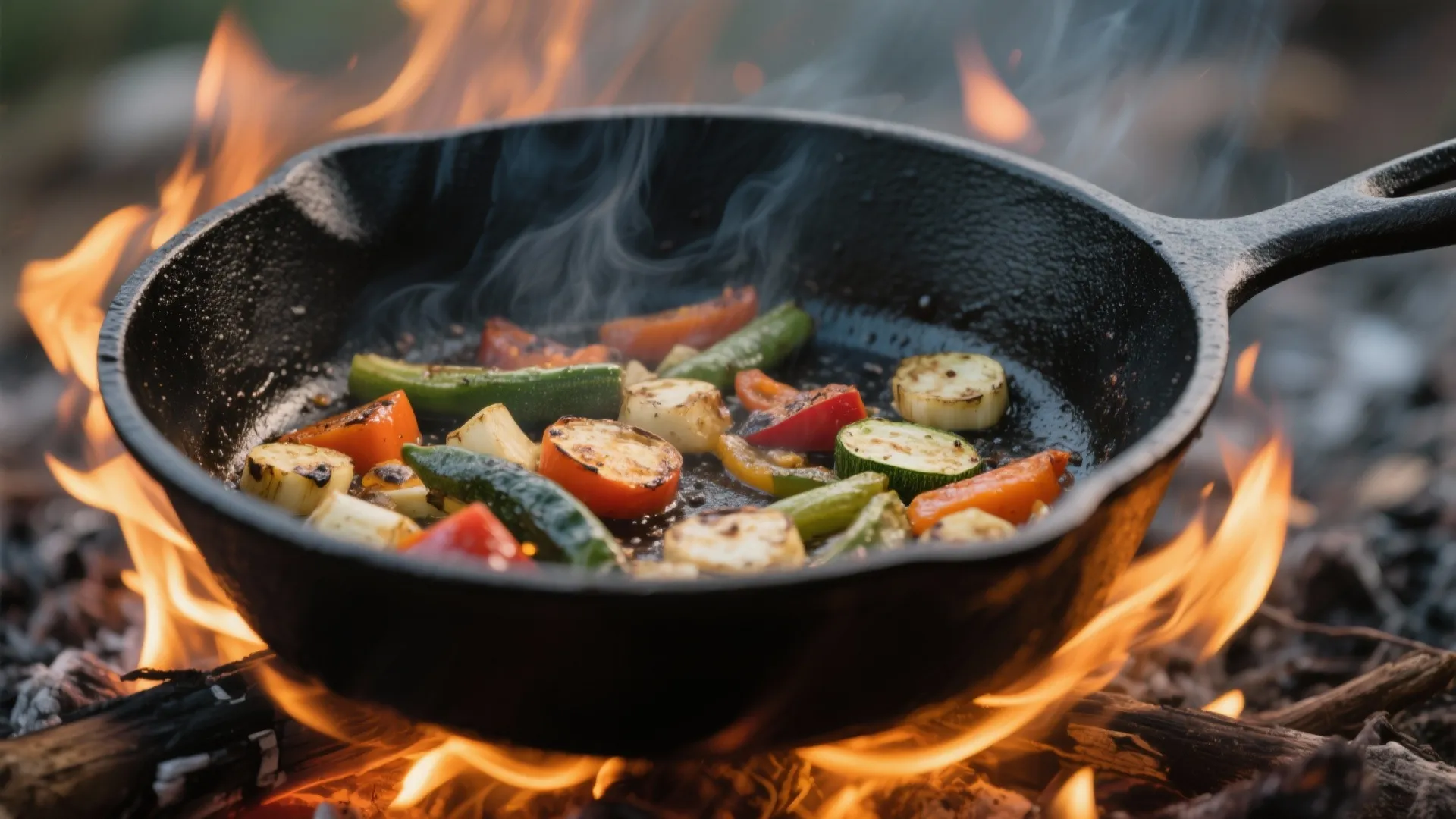 Fresh chopped vegetables cooking in a black frying pan over an open outdoor campfire flame