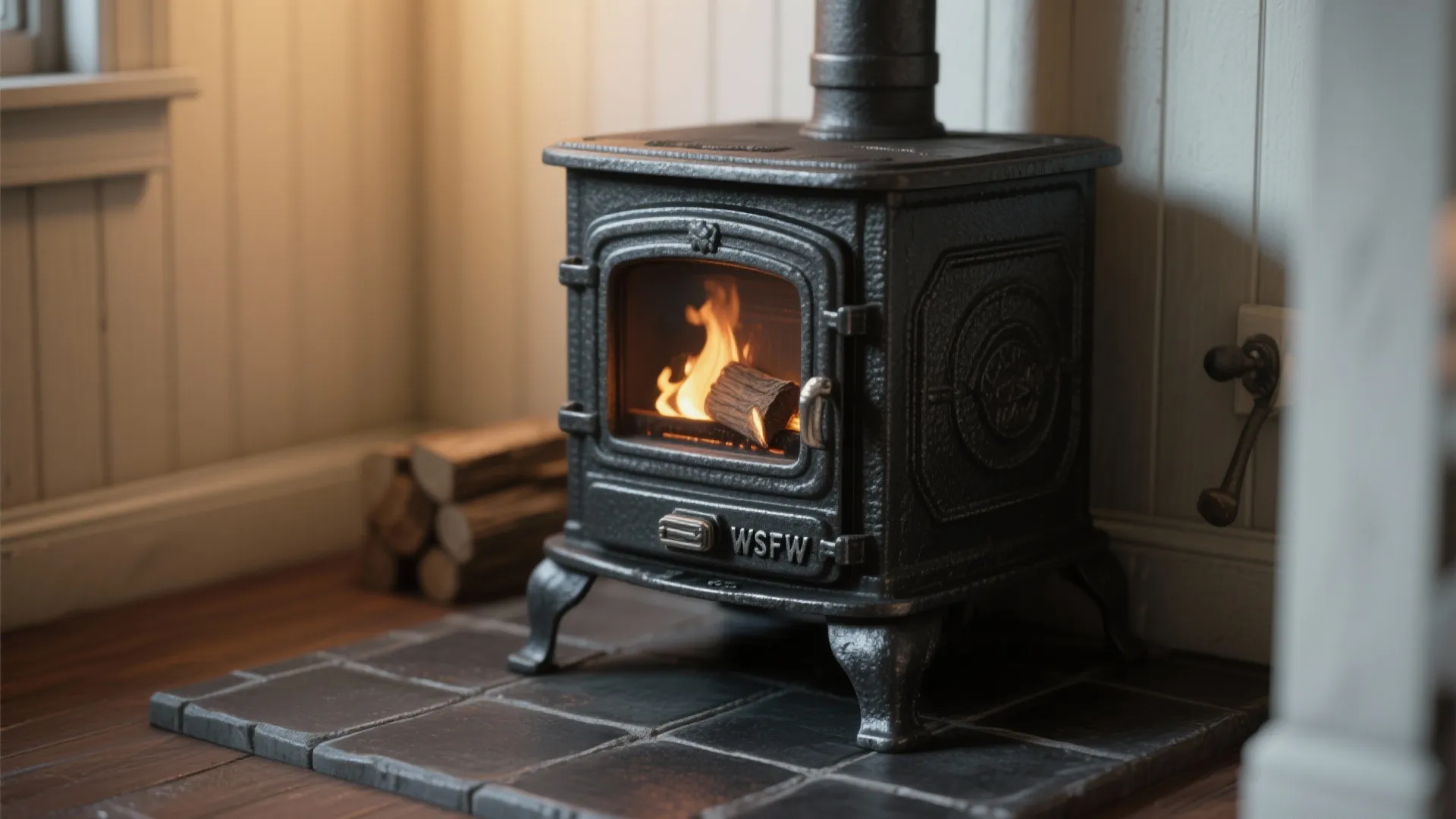 Close-up of a compact cast-iron stove showing textured metal, hearth tiles, and a protective wall panel.