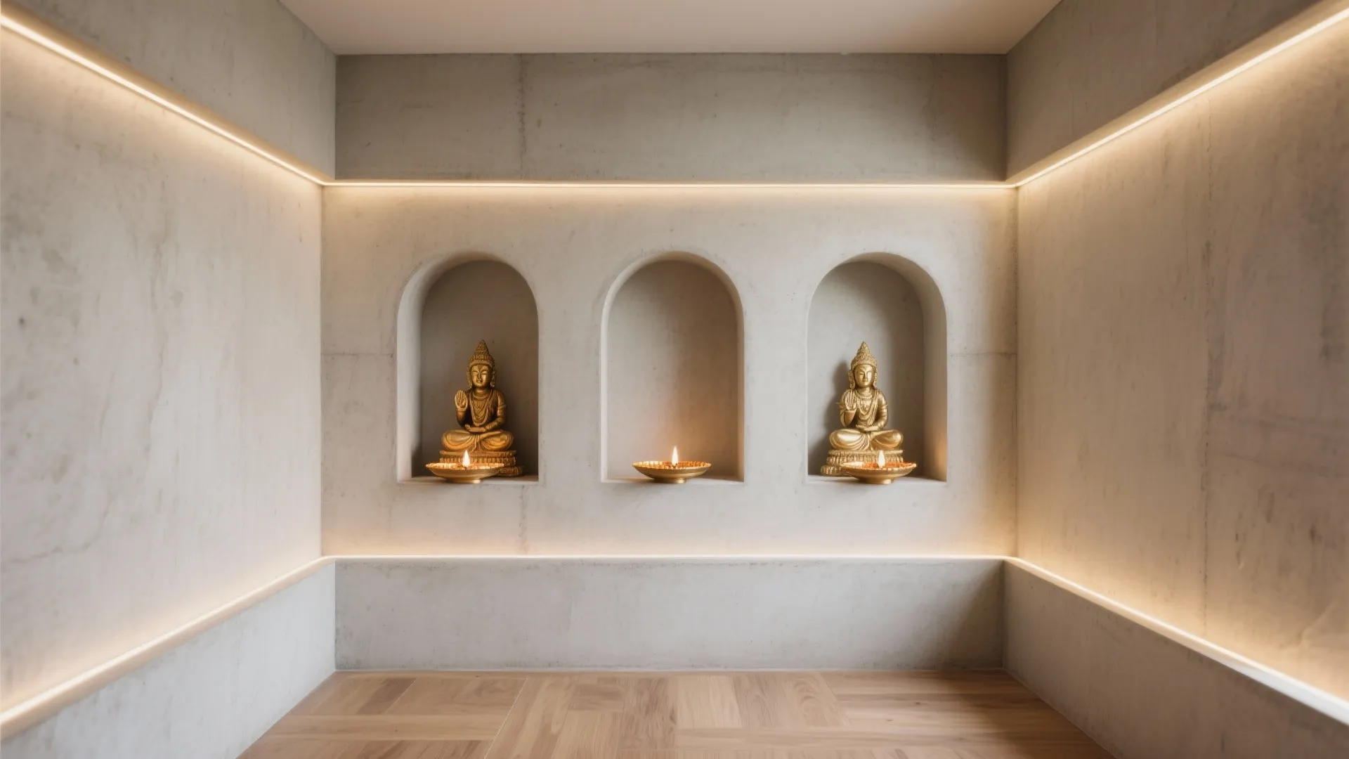 Minimalist prayer room with three arched wall niches holding golden statues and warm light fixtures