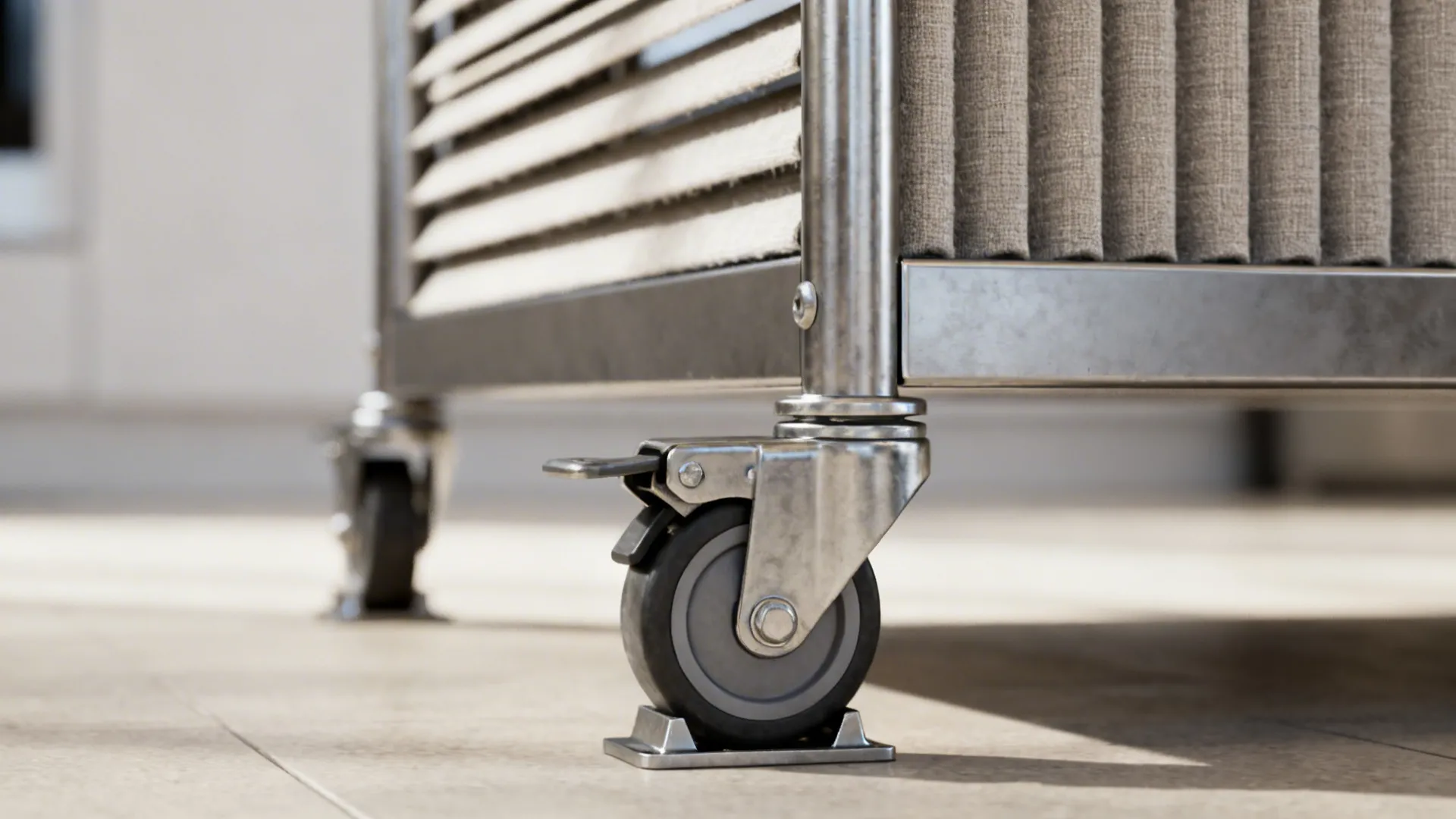 Macro of a 100 mm lockable caster with brake near a fabric-backed acoustic shutter.