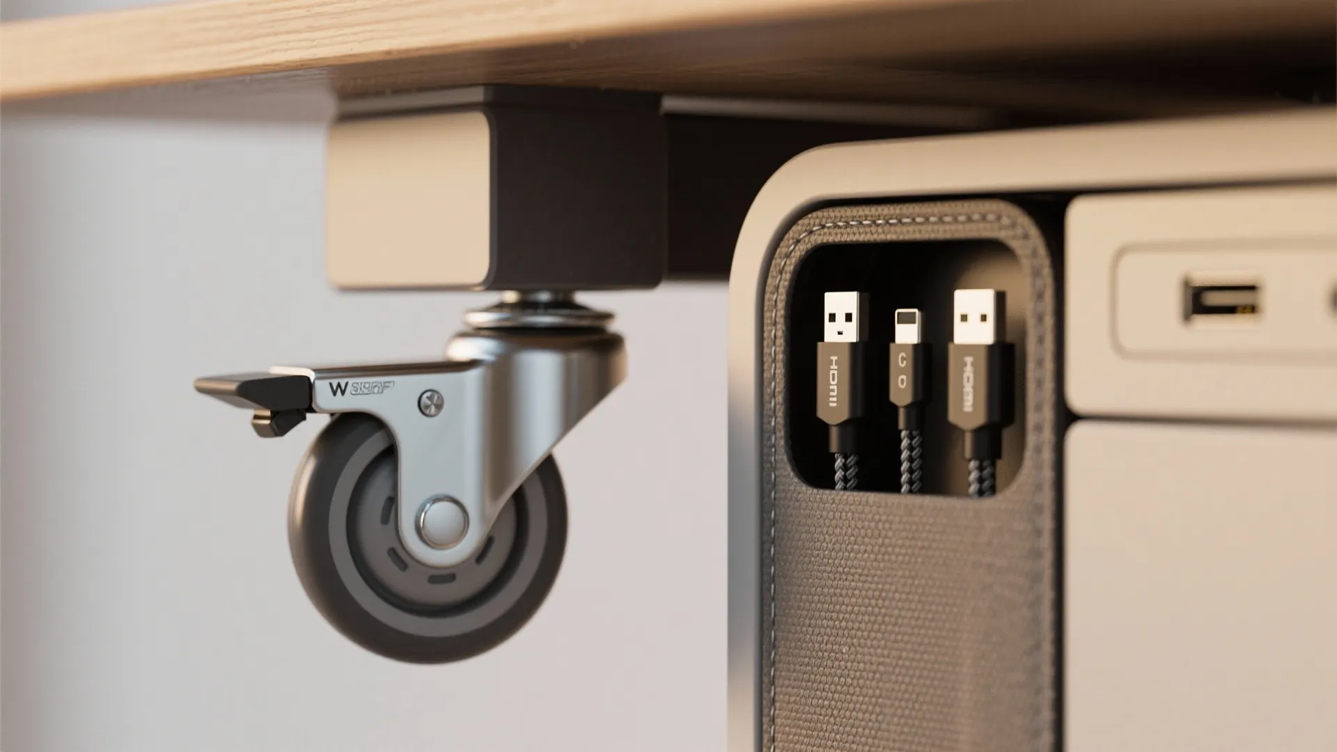Close up of desk wheel and cable management box with several black usb cables plugged inside