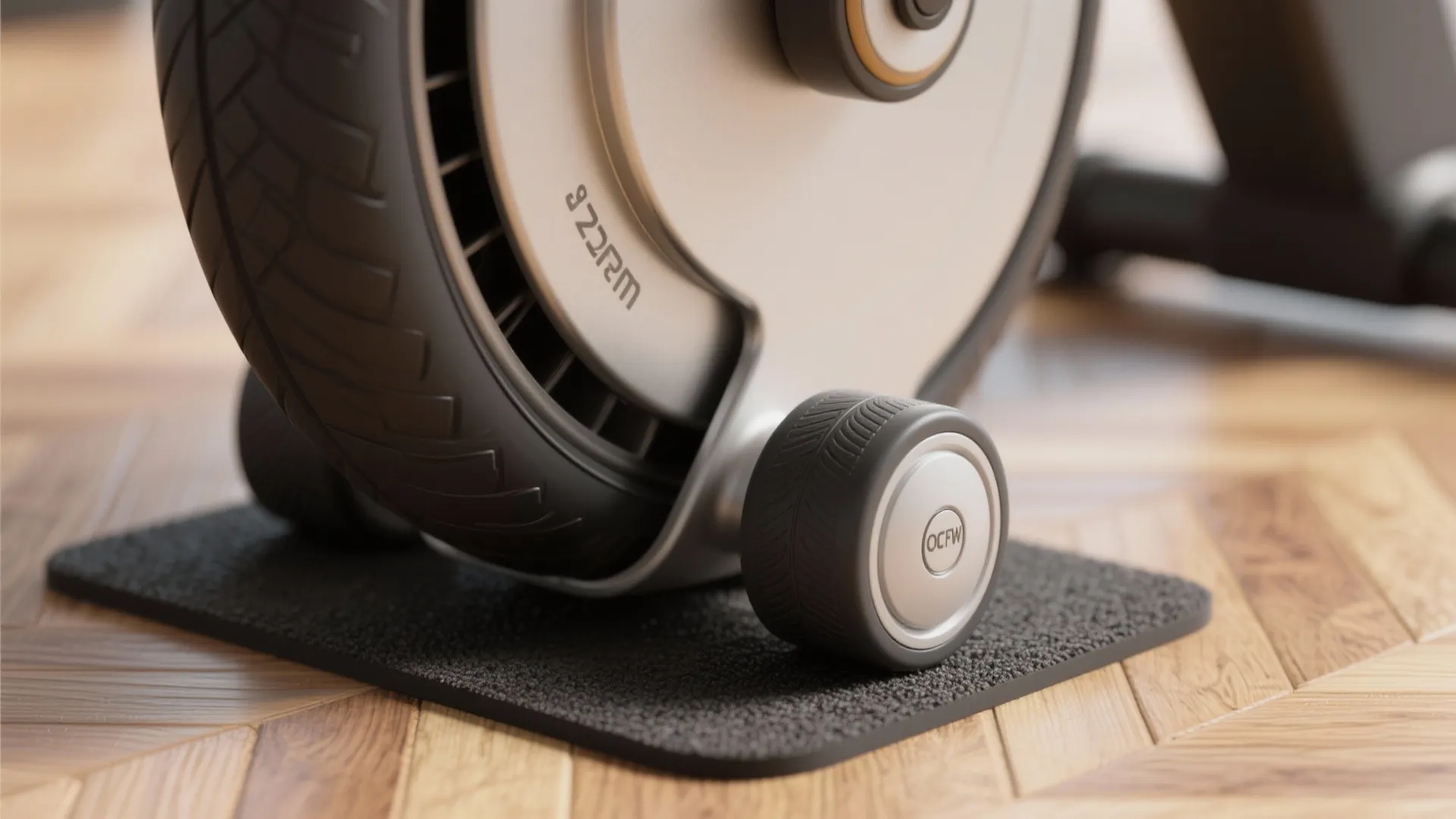 Close up of small wheel caster and large wheel on black mat and wooden floor