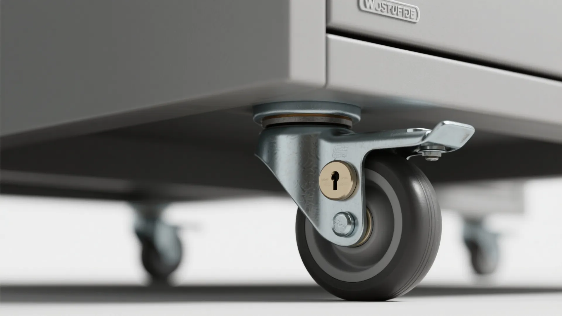 Close up of a metal wheel with a lock attached to a white office storage cabinet