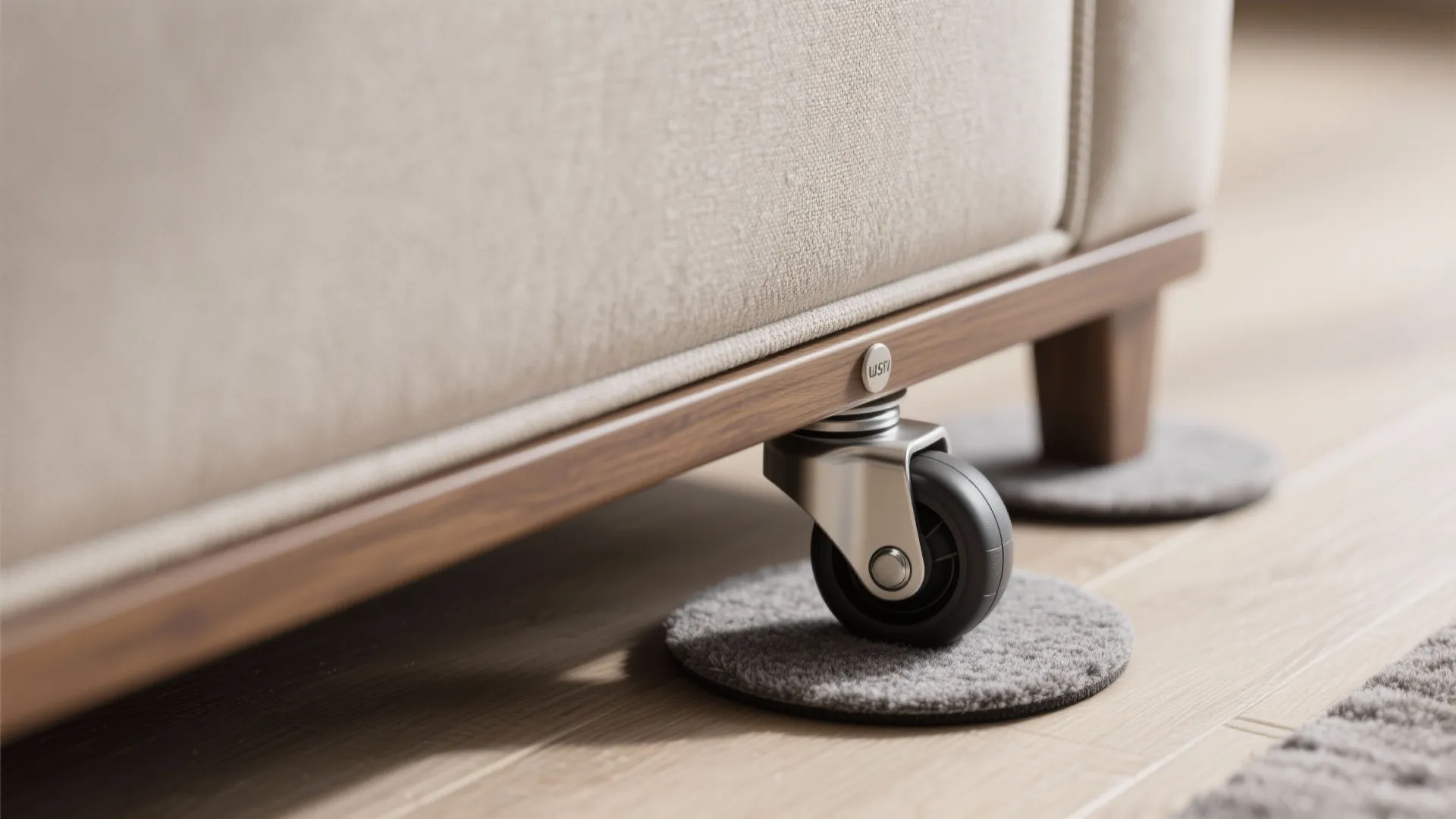 Close up view of a small metal wheel attached to the wooden base of sofa