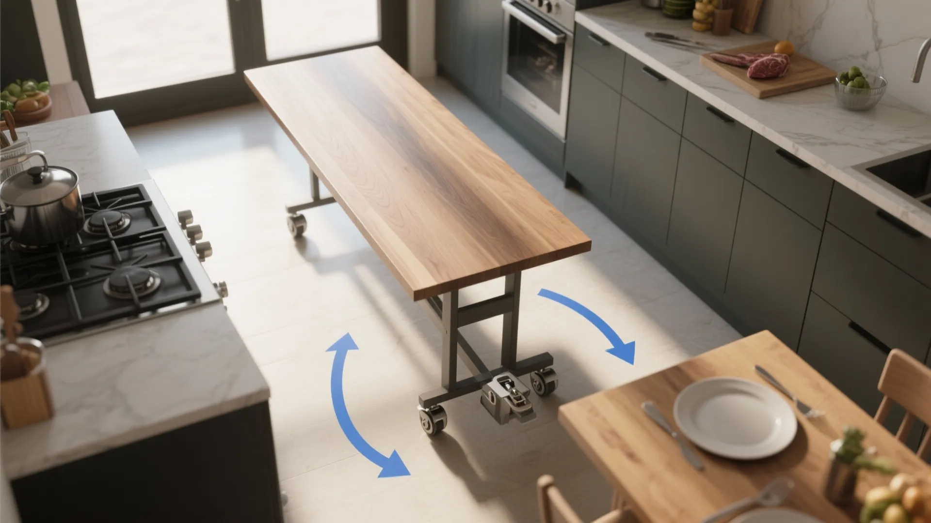 Top-down view of a narrow rectangular table on casters moving between prep and dining positions in a small kitchen.